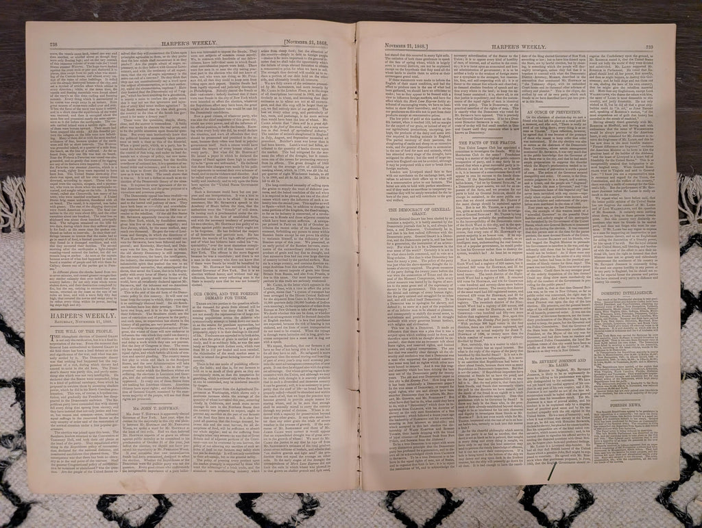Harper’s Weekly – November 21, 1868 – YMCA Cornerstone • Petroleum Nasby • Adirondack Scenes • Texas Mustangs • Arica Earthquake