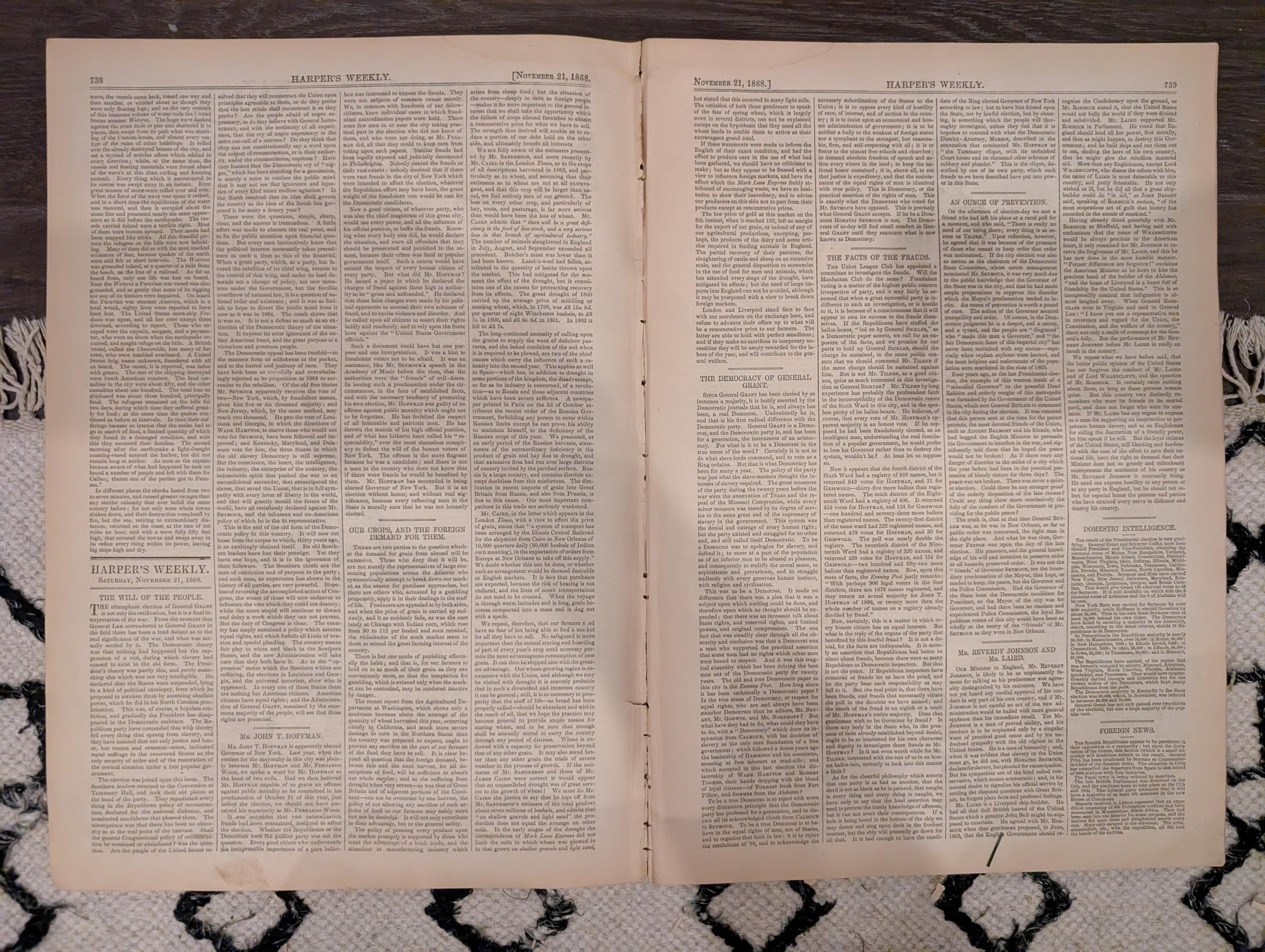 Harper’s Weekly – November 21, 1868 – YMCA Cornerstone • Petroleum Nasby • Adirondack Scenes • Texas Mustangs • Arica Earthquake