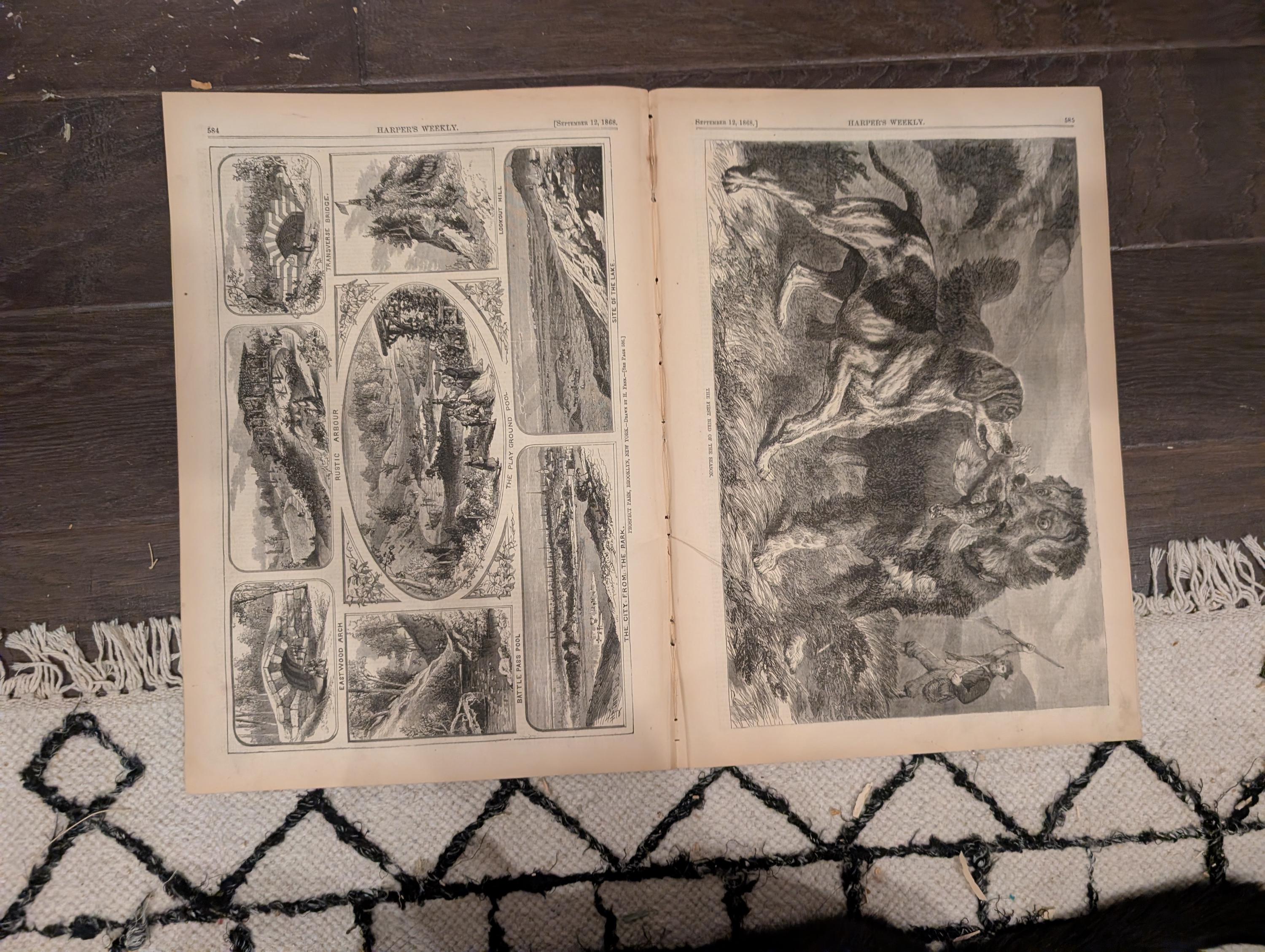 Harper’s Weekly – September 12, 1868 – Lincoln’s Tomb • Martha’s Vineyard Camp Meeting • Prospect Park Views • Bird Hunting • NYC Street Lif
