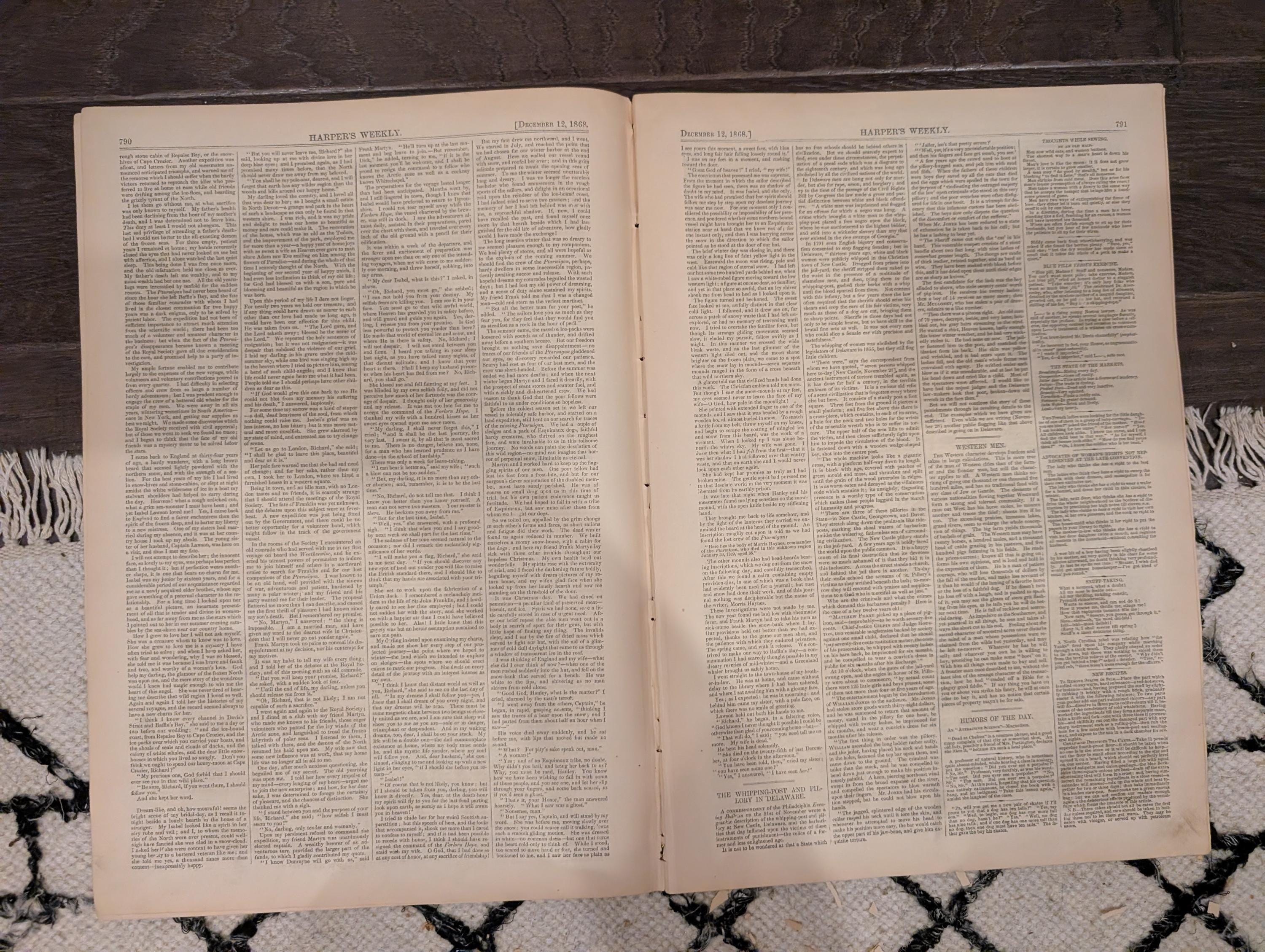 Harper’s Weekly – December 12, 1868 – Whipping Post • Alaska Interior • Newsboys in Richmond • Philadelphia Tragedy • Madrid Execution Scaff