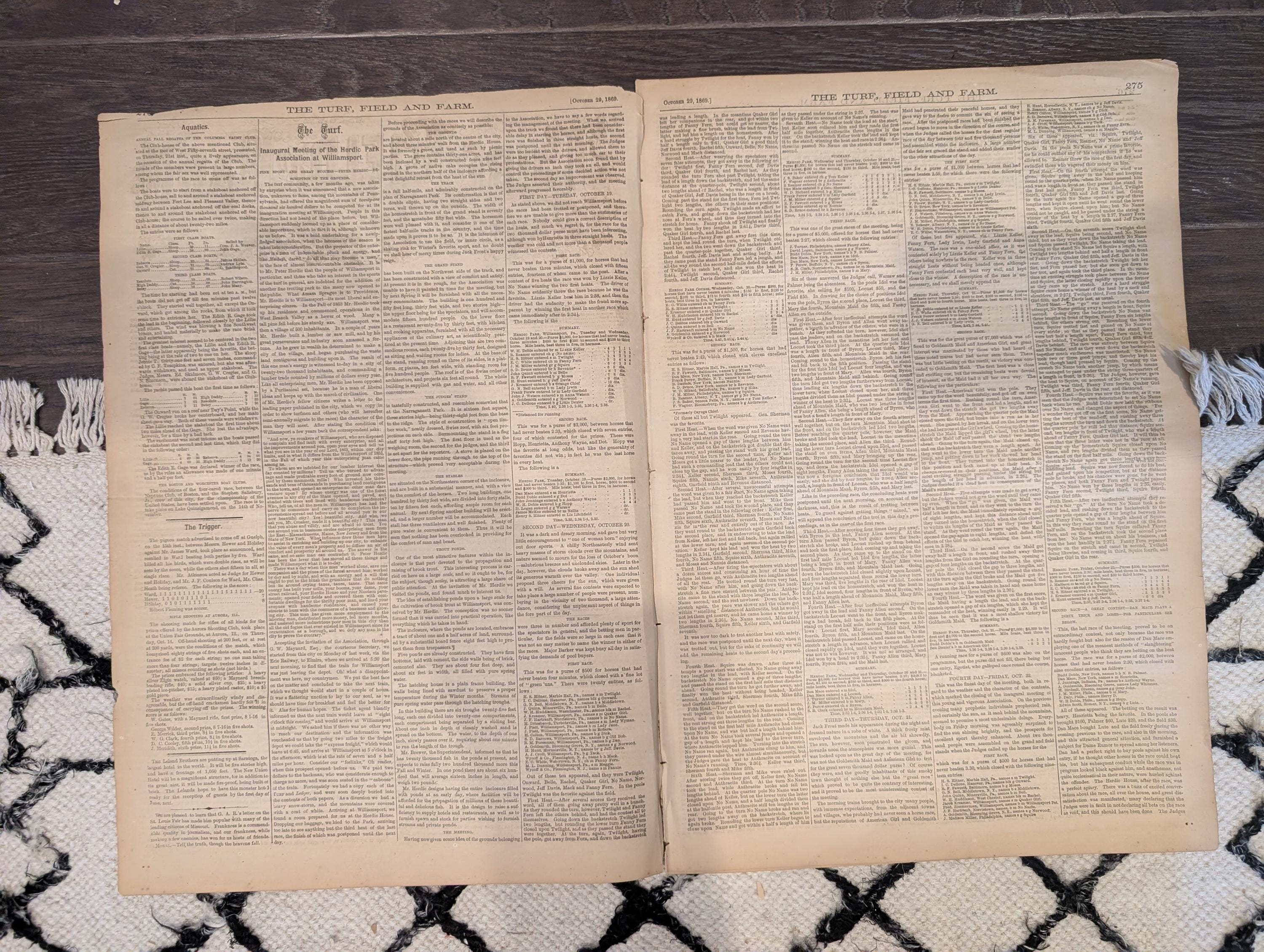 1869 Turf Field and Farm — Jerome Park Races, Guelph Canada, Chess, Baseball, Oct 29