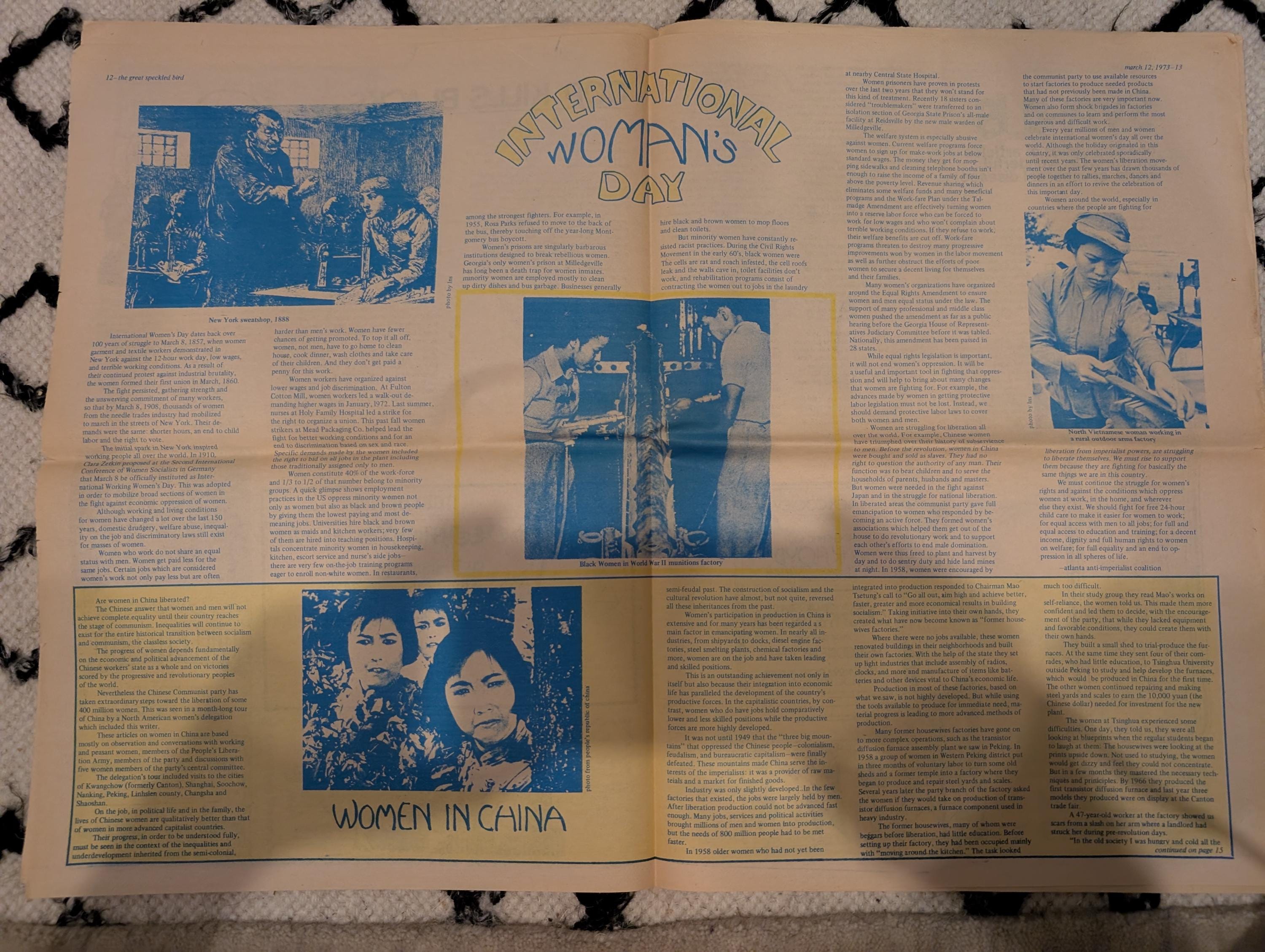 Vintage Underground Newspaper – The Great Speckled Bird – March 12, 1973 – International Women’s Day, UFW, Labor & Protest History