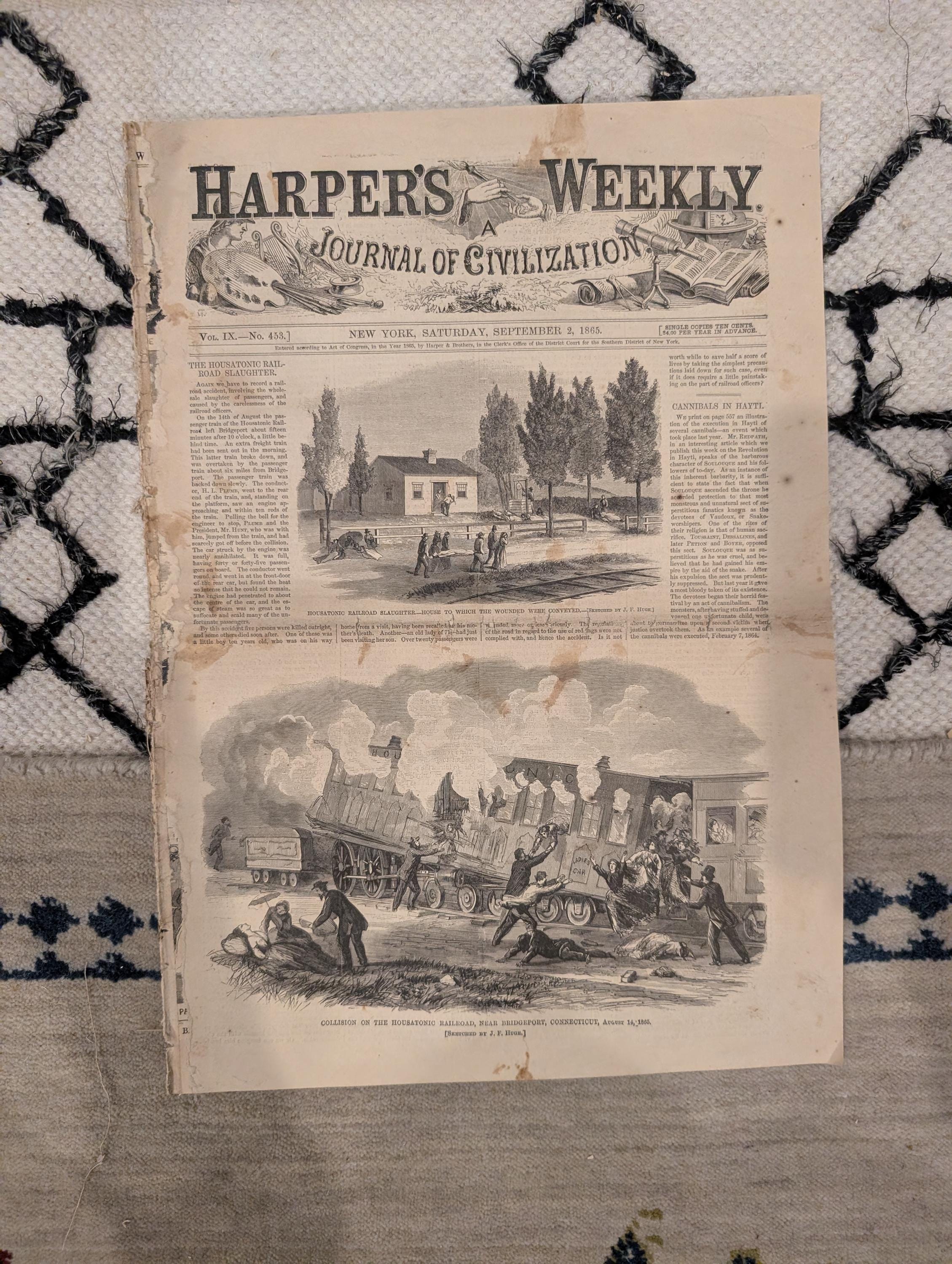 1865 Sept 2  Castle Garden Immigrants, Housatonic Railroad Disaster, Wall Street