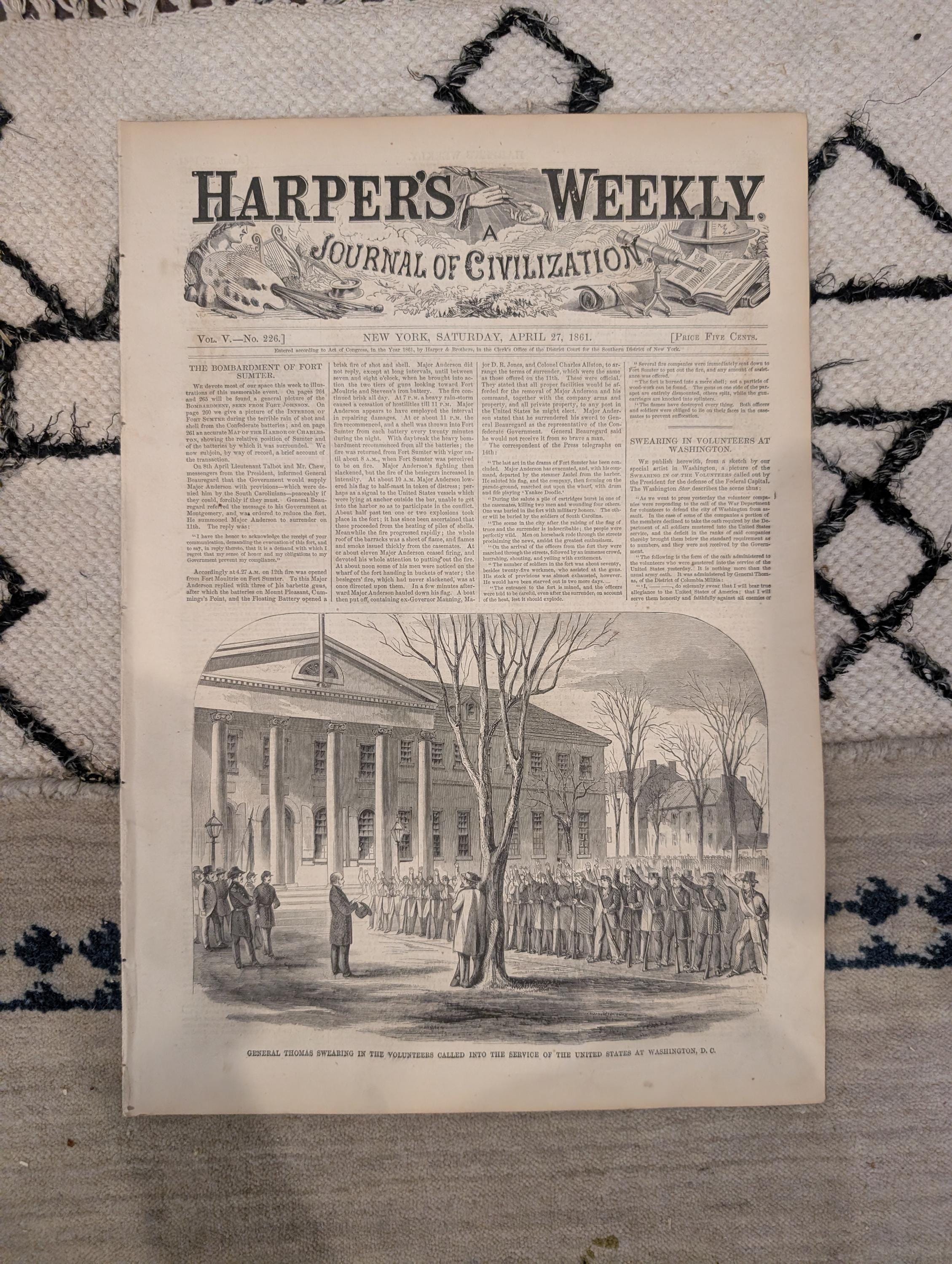 1861 Fort Sumter Bombardment Harper's Weekly April 27 Lincoln Beauregard