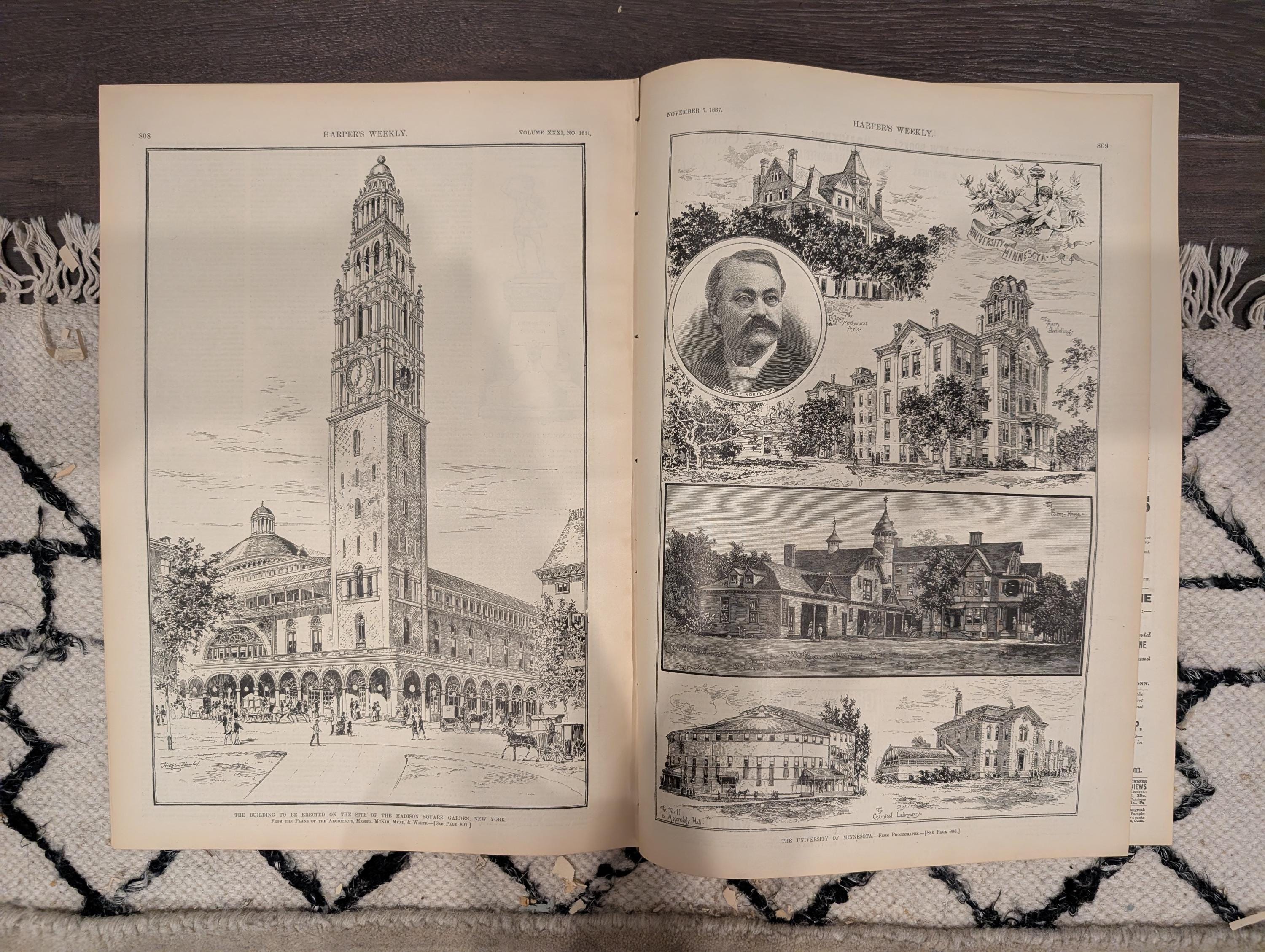 Harper’s Weekly Nov 5 1887 – Frederic Remington Crow Indians, Cavalry Drill, East River Bridge, Madison Sq Garden