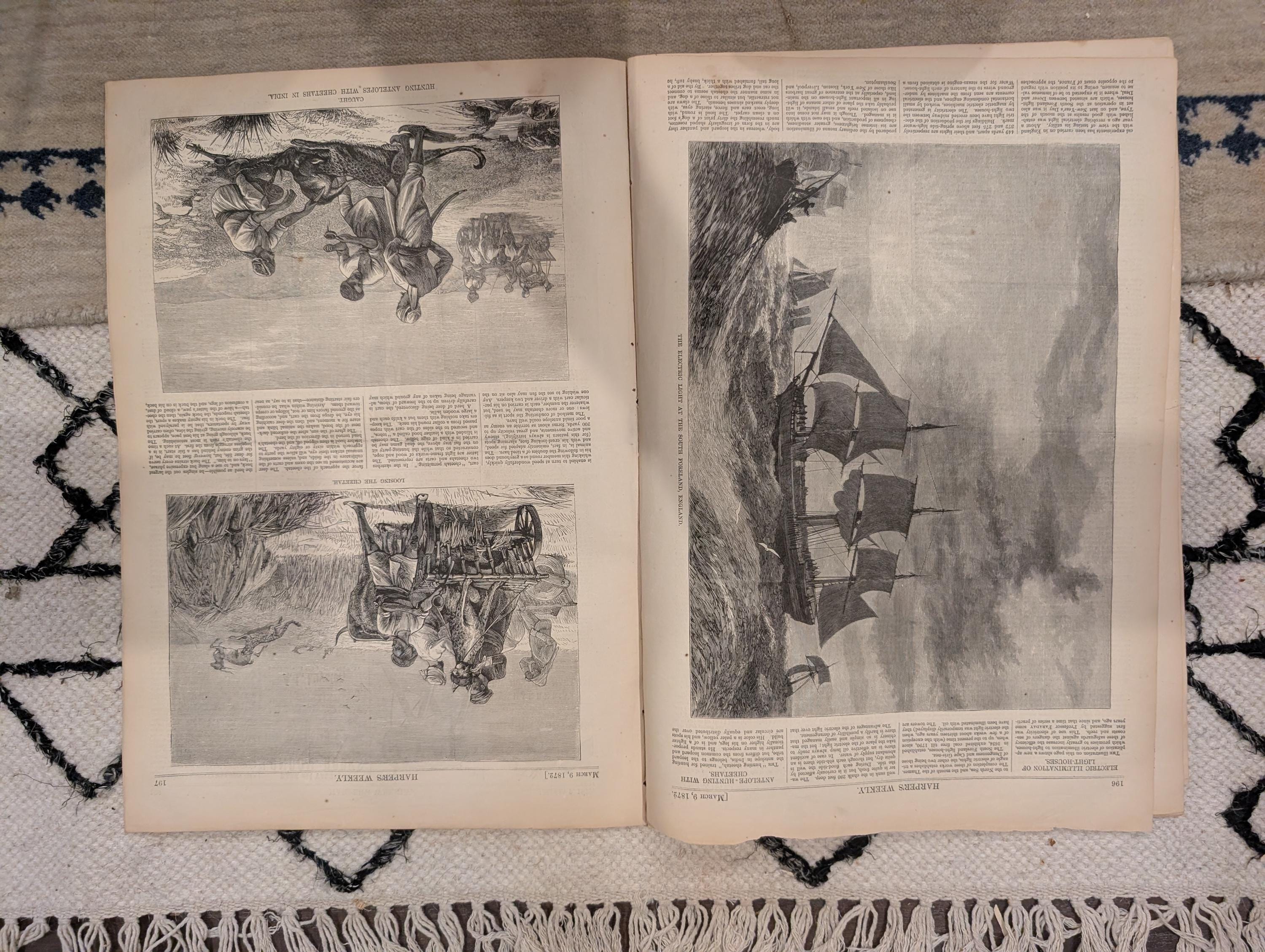 1872 Cheetah Hunting India Harper's Weekly March 09 Broadway February Thaw