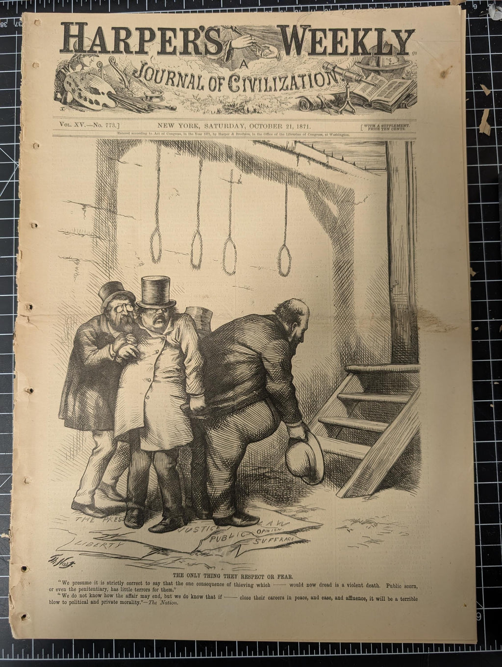 Harper’s Weekly – October 21, 1871 – Complete w/ Supplement (24 pp) | Chicago Before the Fire Double-Page, Nast “Brains” Cartoon, Mont Cenis