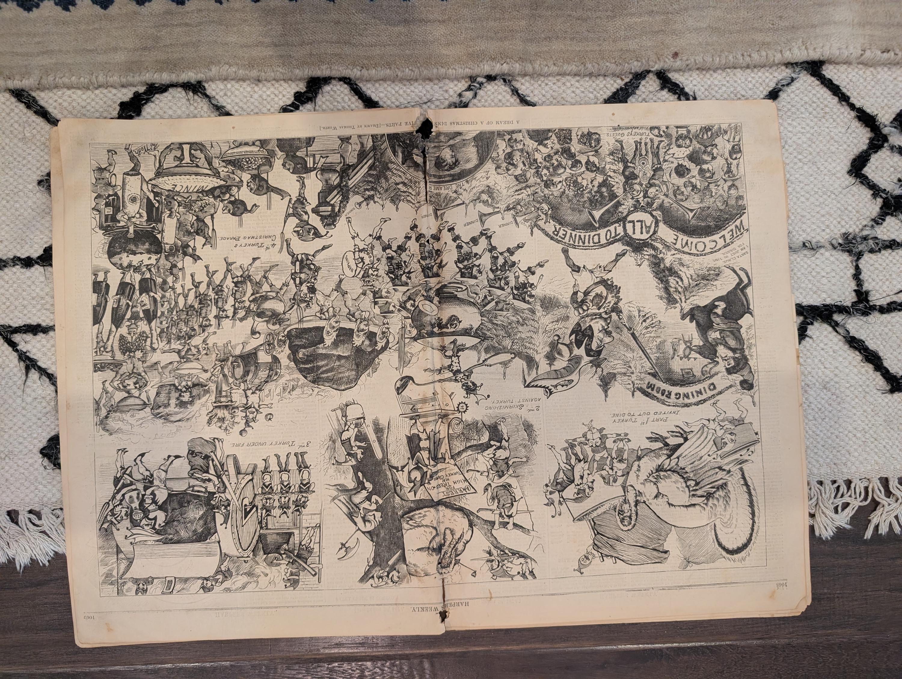 1874 Santa Claus Sleigh & Reindeer, Girl at Toy Store, Christmas Centerfold — Dec 26