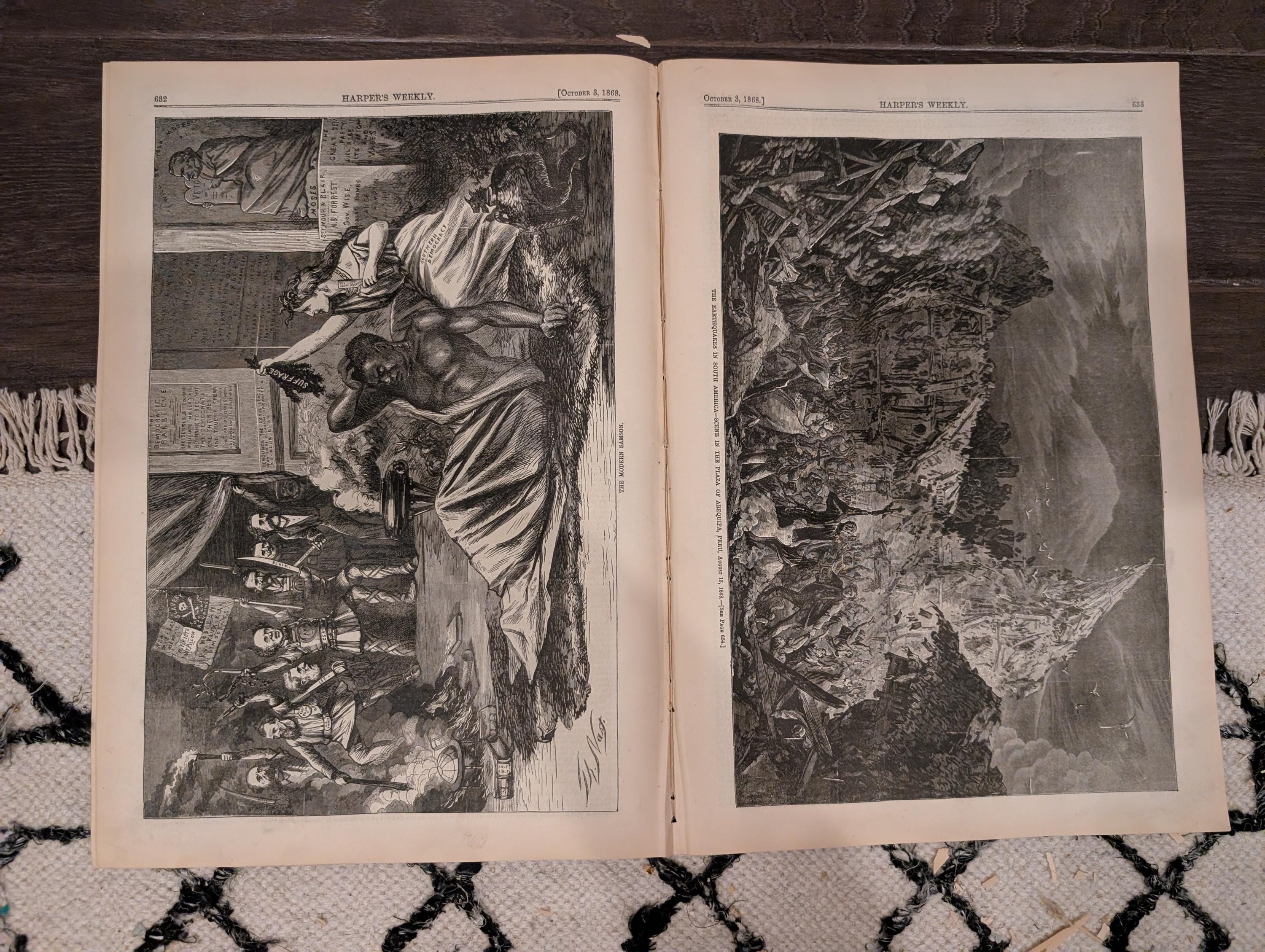Harper’s Weekly – October 3, 1868 – International Cricket Match • Prize Animals • Nast’s “Modern Samson” • South American Earthquake • Freed