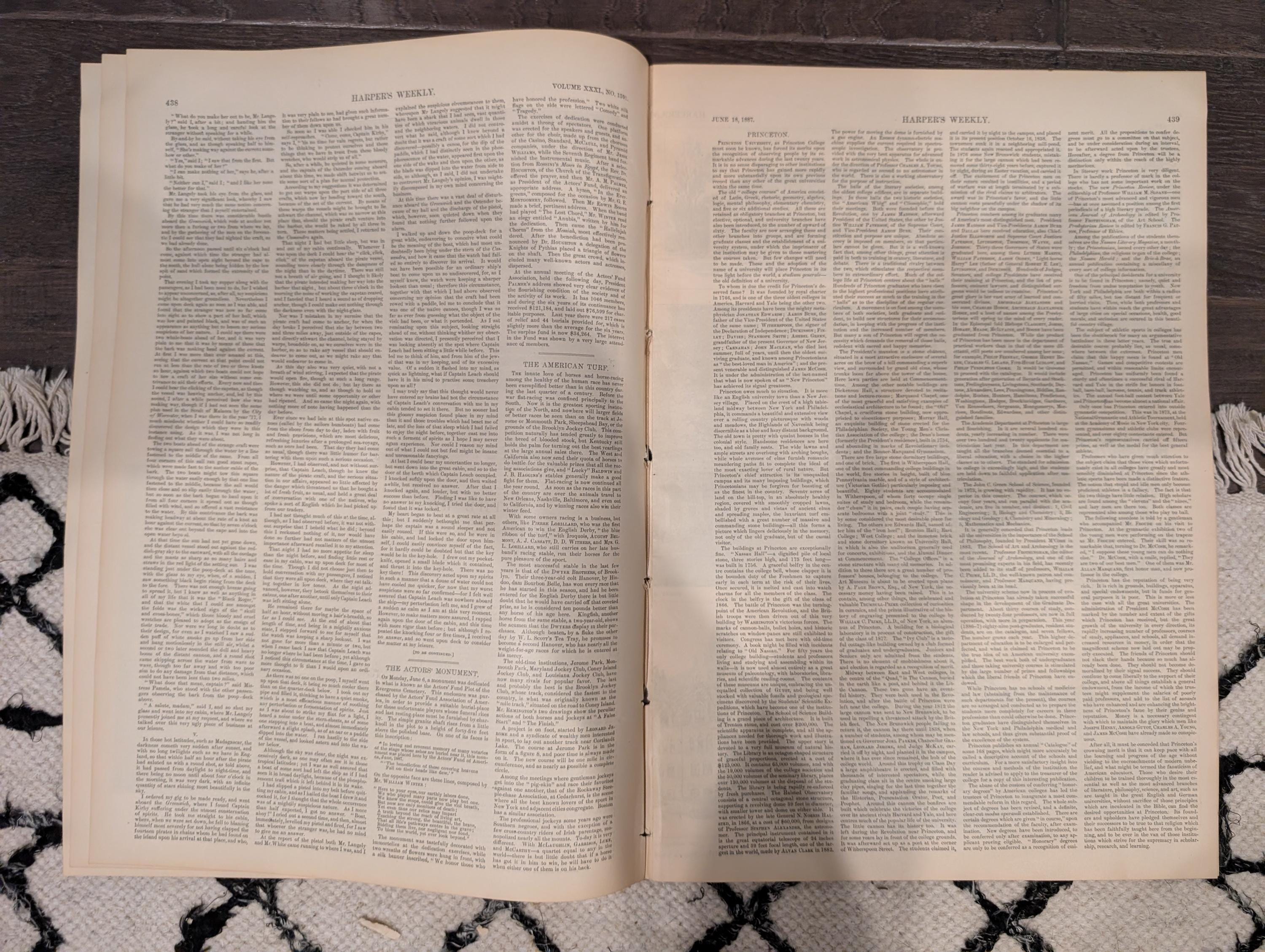 Harper’s Weekly — June 18, 1887 — ACTORS’ MONUMENT, Frederic Remington Horse Racing, Princeton College Centerfold, Queen Victoria Portraits
