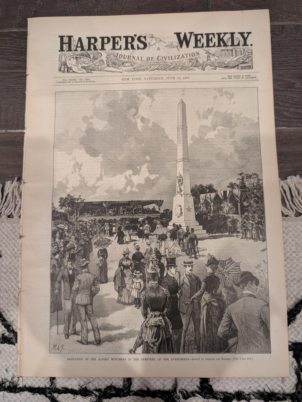 Harper’s Weekly — June 18, 1887 — ACTORS’ MONUMENT, Frederic Remington Horse Racing, Princeton College Centerfold, Queen Victoria Portraits