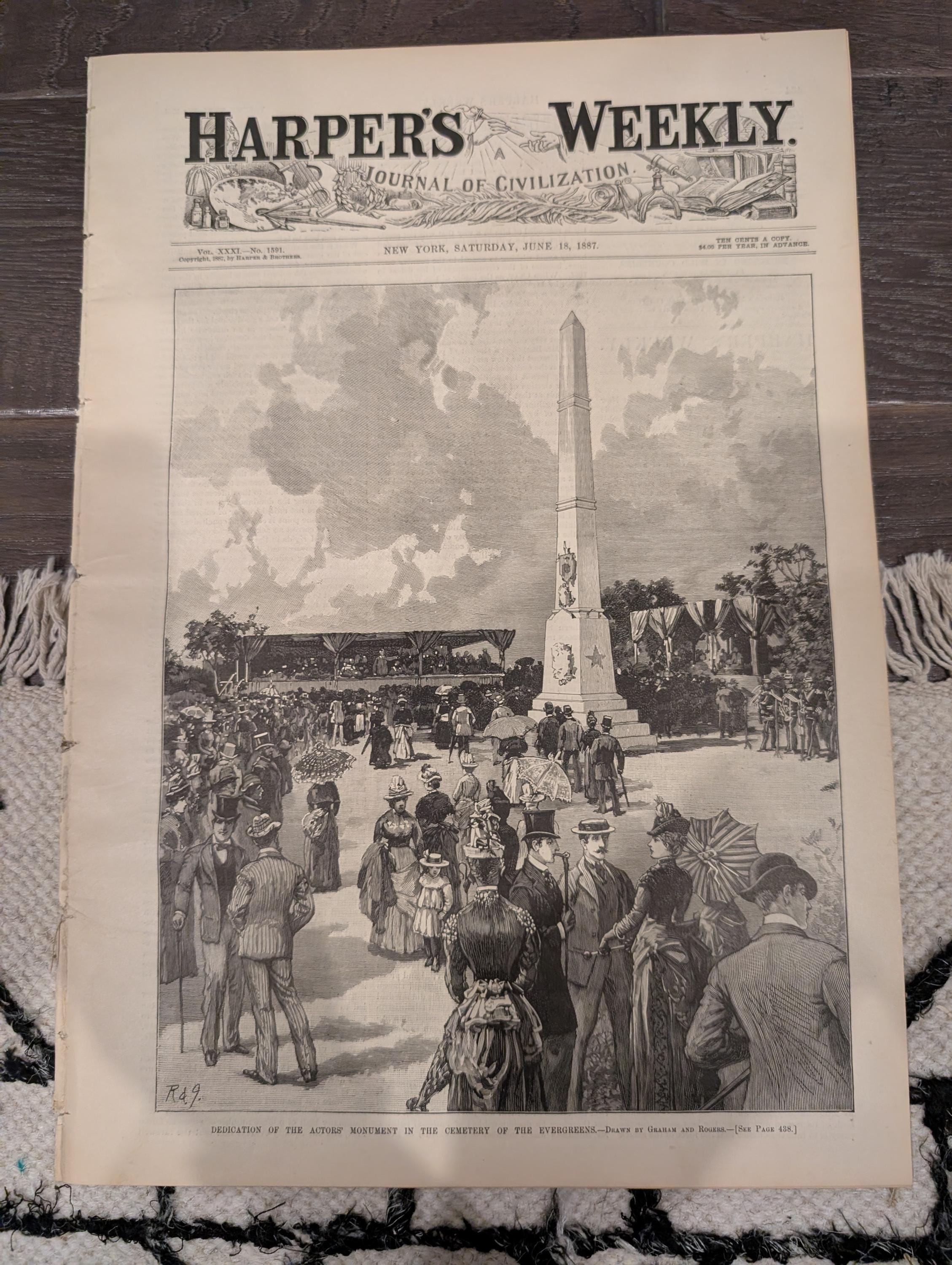 Harper’s Weekly — June 18, 1887 — ACTORS’ MONUMENT, Frederic Remington Horse Racing, Princeton College Centerfold, Queen Victoria Portraits