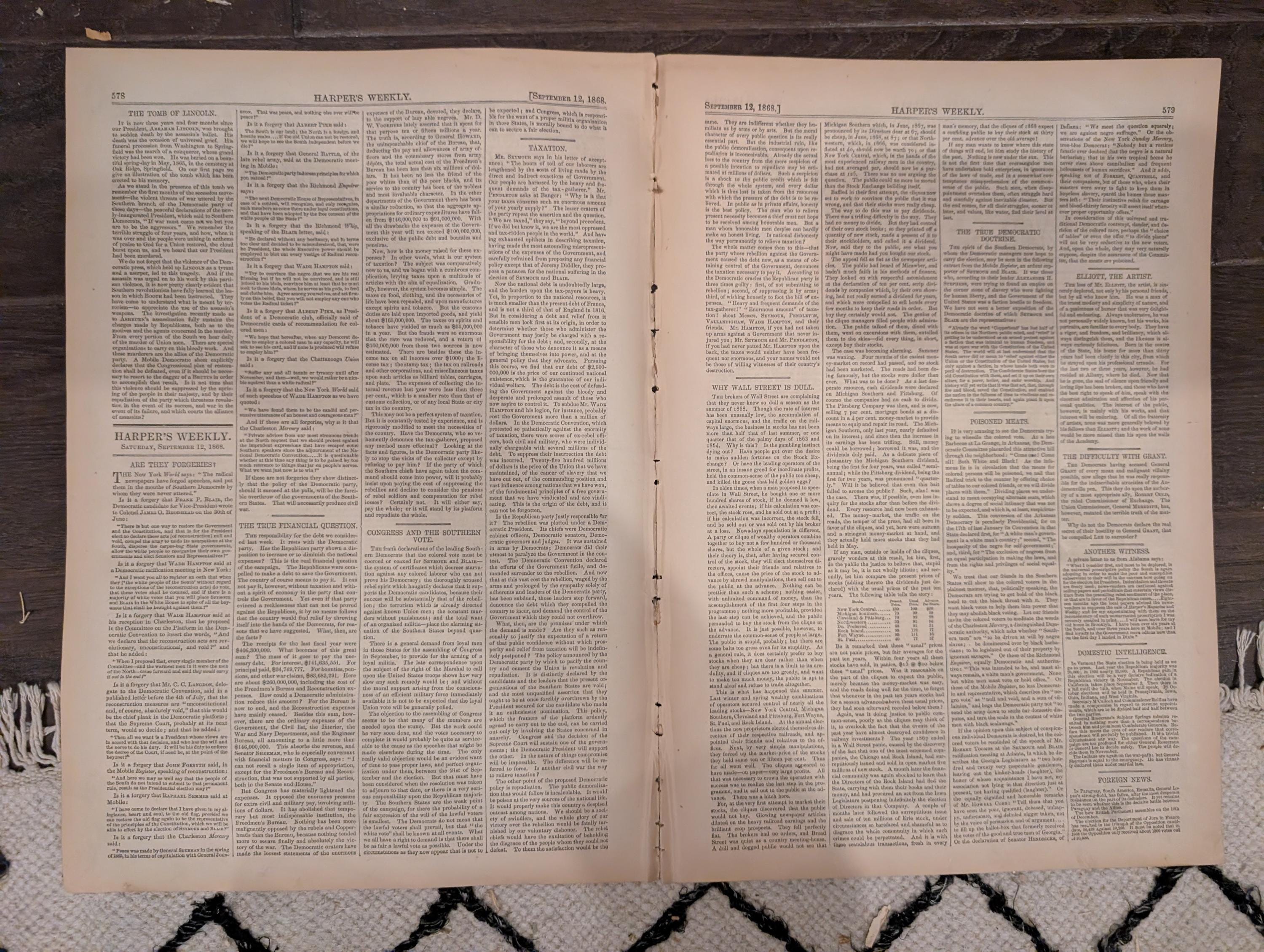Harper’s Weekly – September 12, 1868 – Lincoln’s Tomb • Martha’s Vineyard Camp Meeting • Prospect Park Views • Bird Hunting • NYC Street Lif
