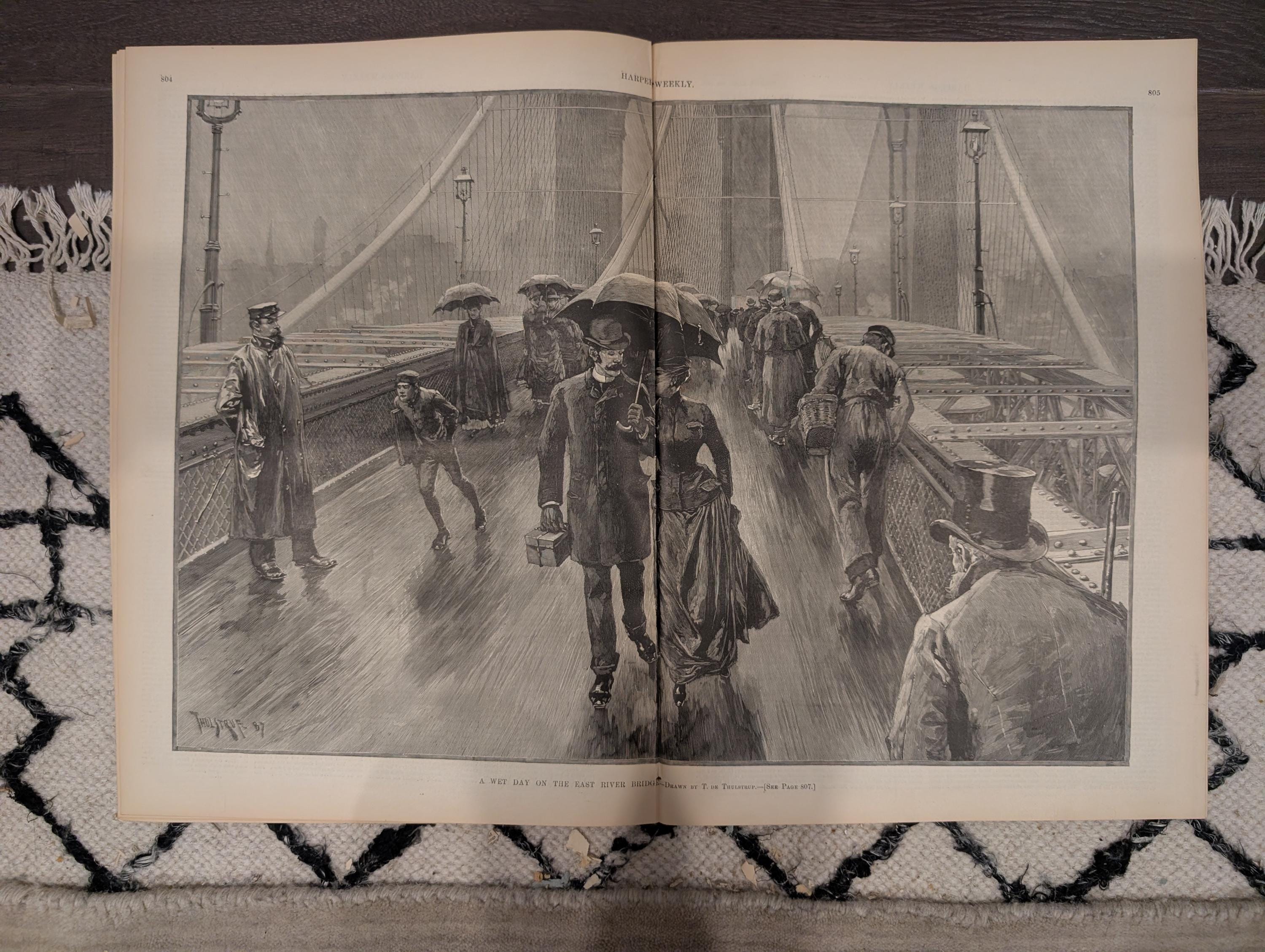 Harper’s Weekly Nov 5 1887 – Frederic Remington Crow Indians, Cavalry Drill, East River Bridge, Madison Sq Garden