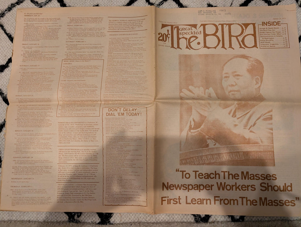 Vintage Underground Newspaper – The Great Speckled Bird – January 29, 1973 – Atlanta Counterculture, Roe v. Wade, MLK March, Richard’s Rock