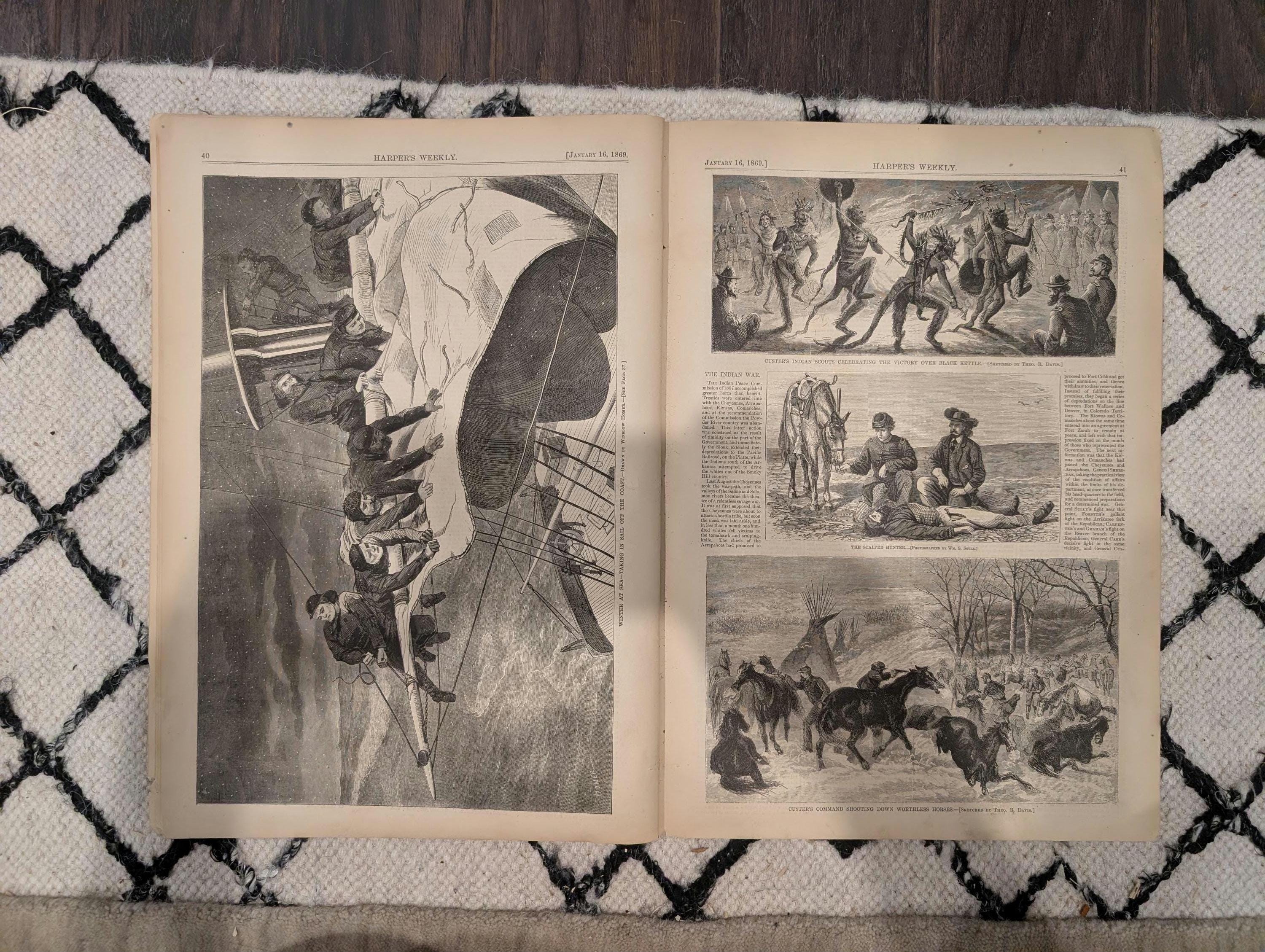 Harper’s Weekly, January 16, 1869 | Winslow Homer “Winter at Sea” | Ice Boats on the Hudson | Custer’s Scouts | Antique Newspaper