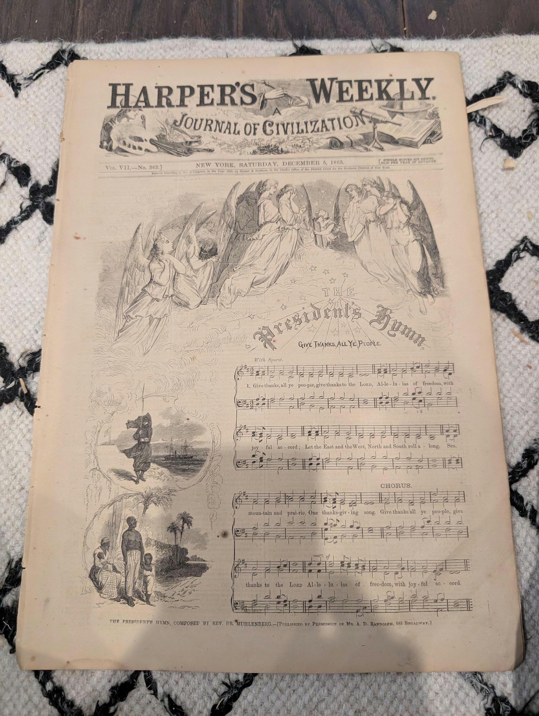 Harper’s Weekly, December 5, 1863 – The President’s Hymn, Thanksgiving Issue, Union Allegory, Civil War Newspaper