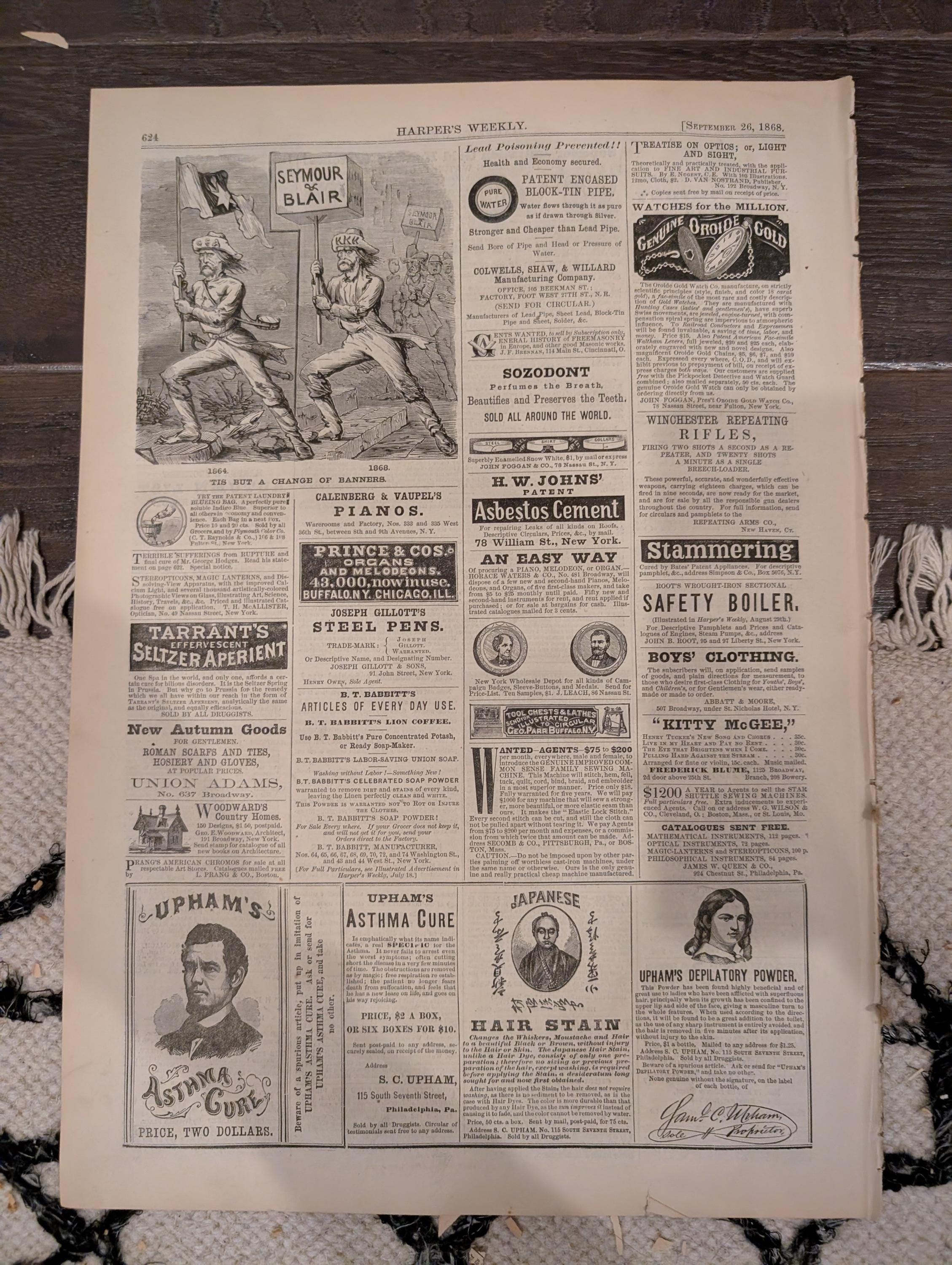 Harper’s Weekly – September 26, 1868 – Bee Hunting in the Adirondacks • Nast Cartoon • South American Earthquakes • Shipwrecks • Reconstruct
