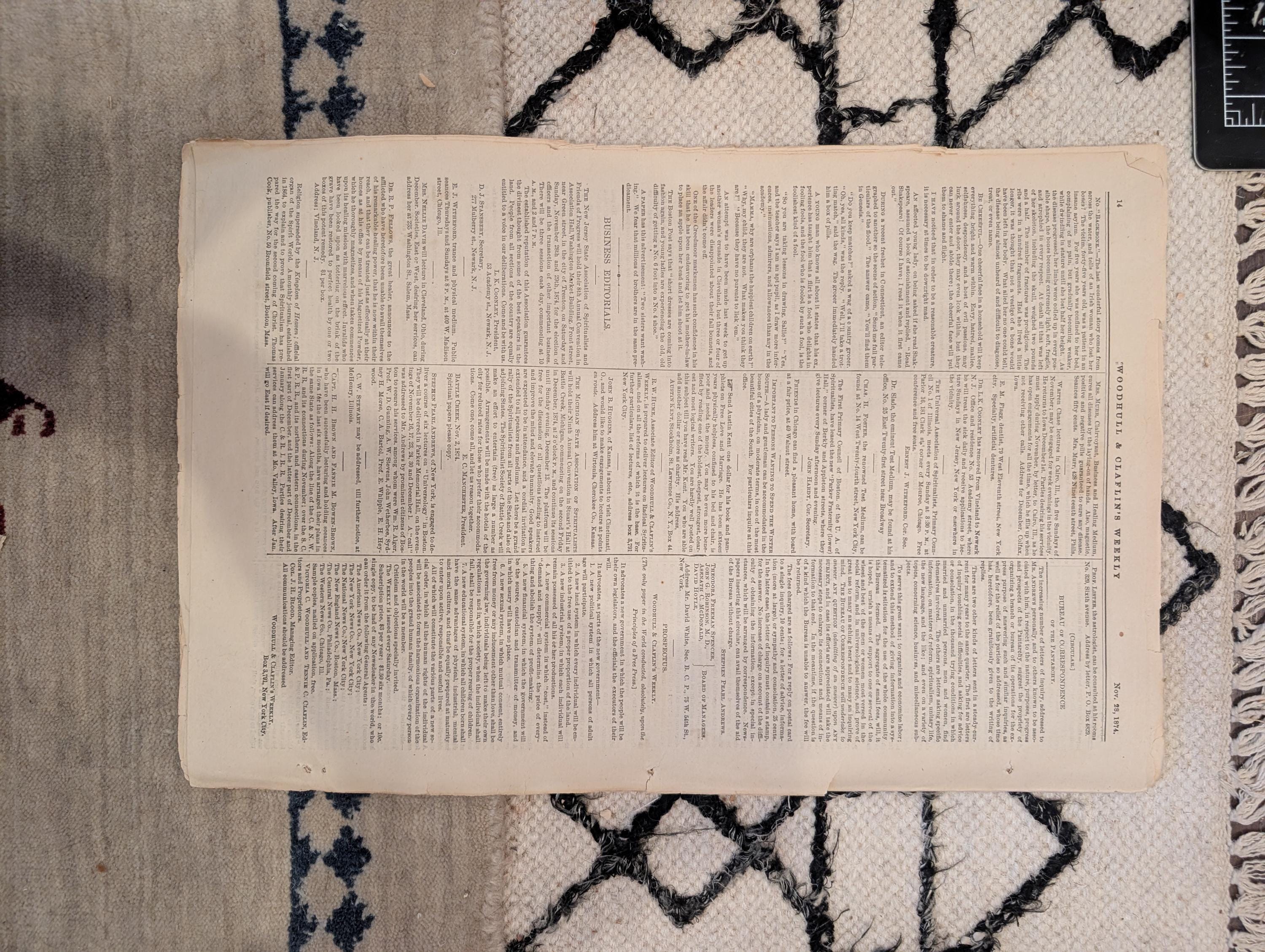 1874 Woodhull & Claflin's Weekly — Victoria Woodhull, Aerial War, Spirits — Nov 28
