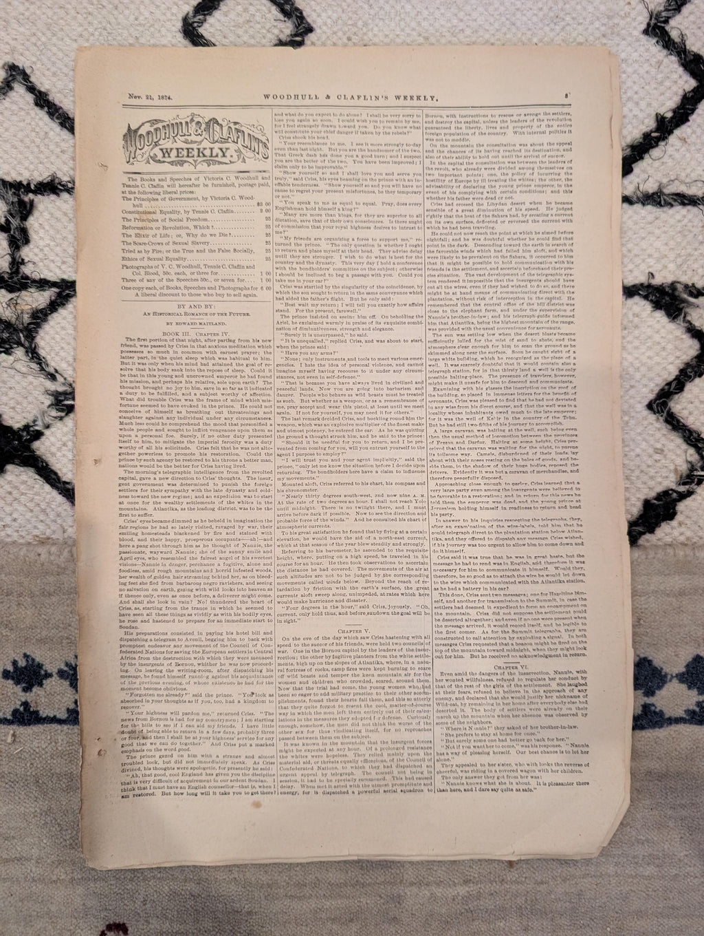 1874 Woodhull & Claflin's Weekly — Victoria Woodhull, High Altitude Flight, Socialists — Nov 21