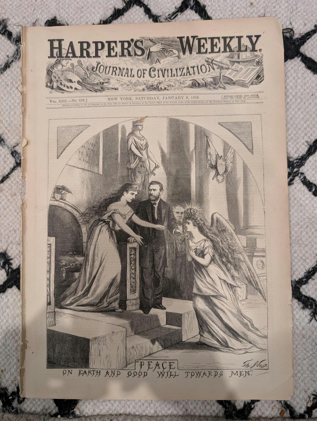 Harper’s Weekly, January 9, 1869 | Thomas Nast “Peace” Front Page | Winslow Homer New Year | West Point Panorama | Antique Newspaper