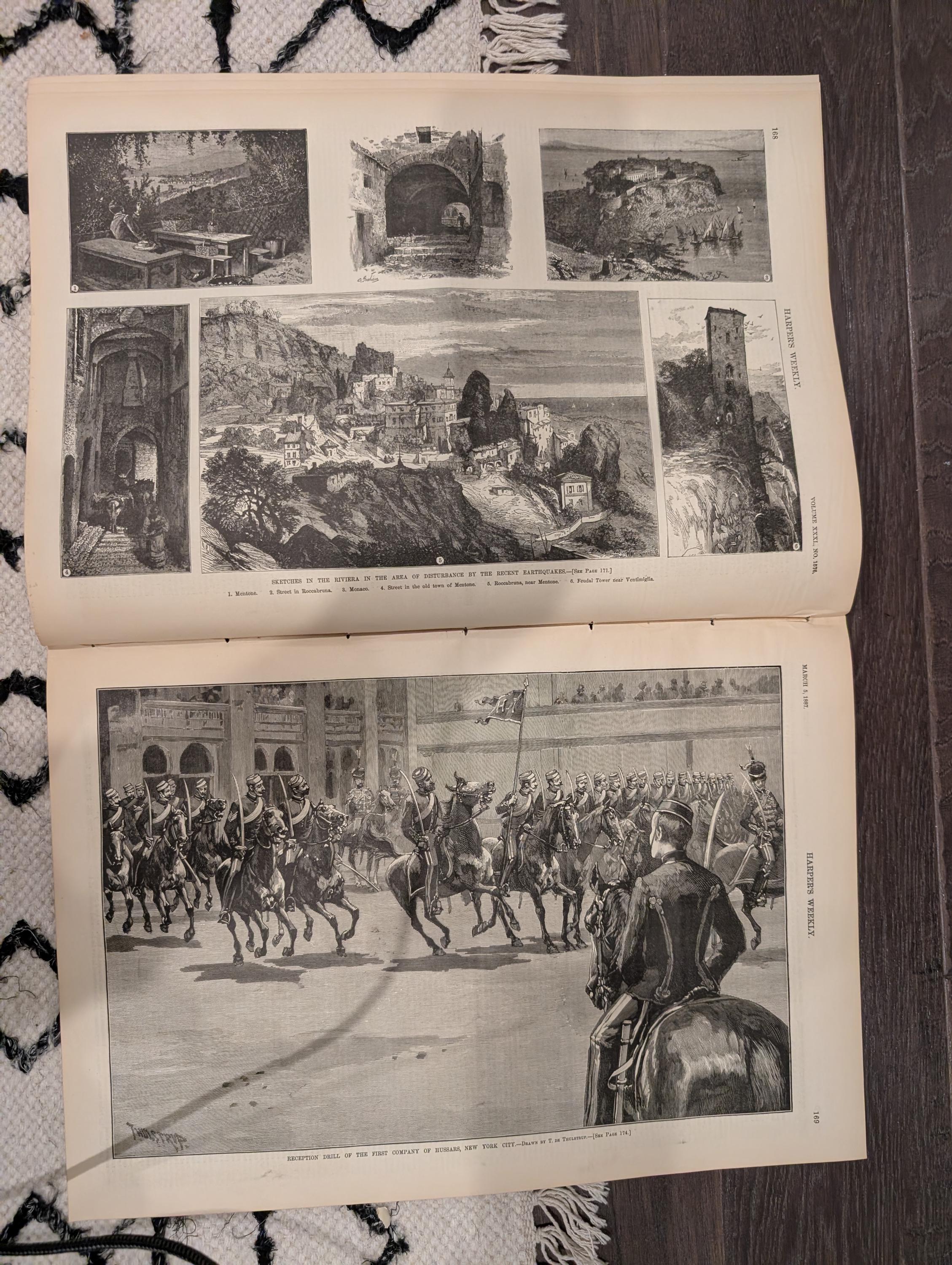HARPER’S WEEKLY — March 5, 1887 — Riviera Earthquakes, Hussars Cavalry Drill, Daly’s Theatre Revival, James Strong Front Page