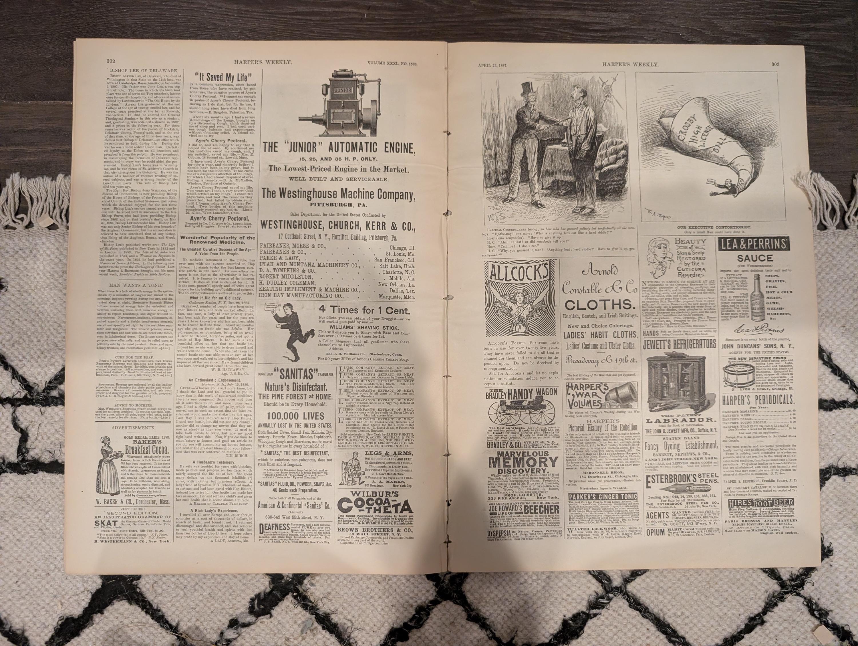 Harper’s Weekly April 23 1887 – Prairie Letter-Box, Denver Centerfold, Remington, Whitman, St. Augustine Fire