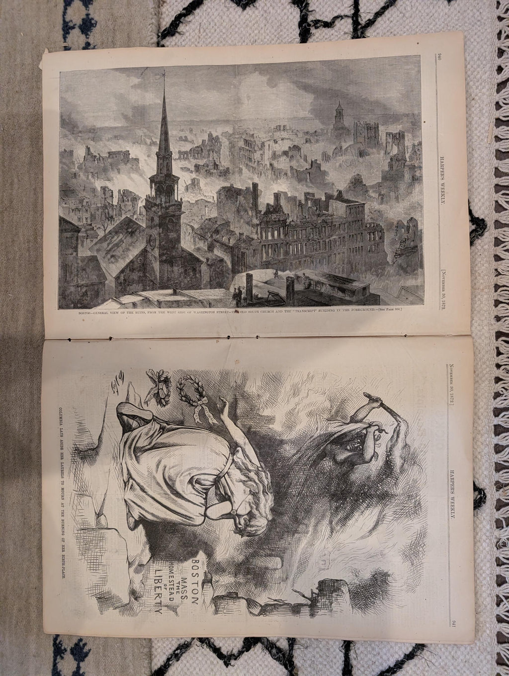 1872 Boston Fire Department Bird's Eye Harper's Weekly Nov 30 Church
