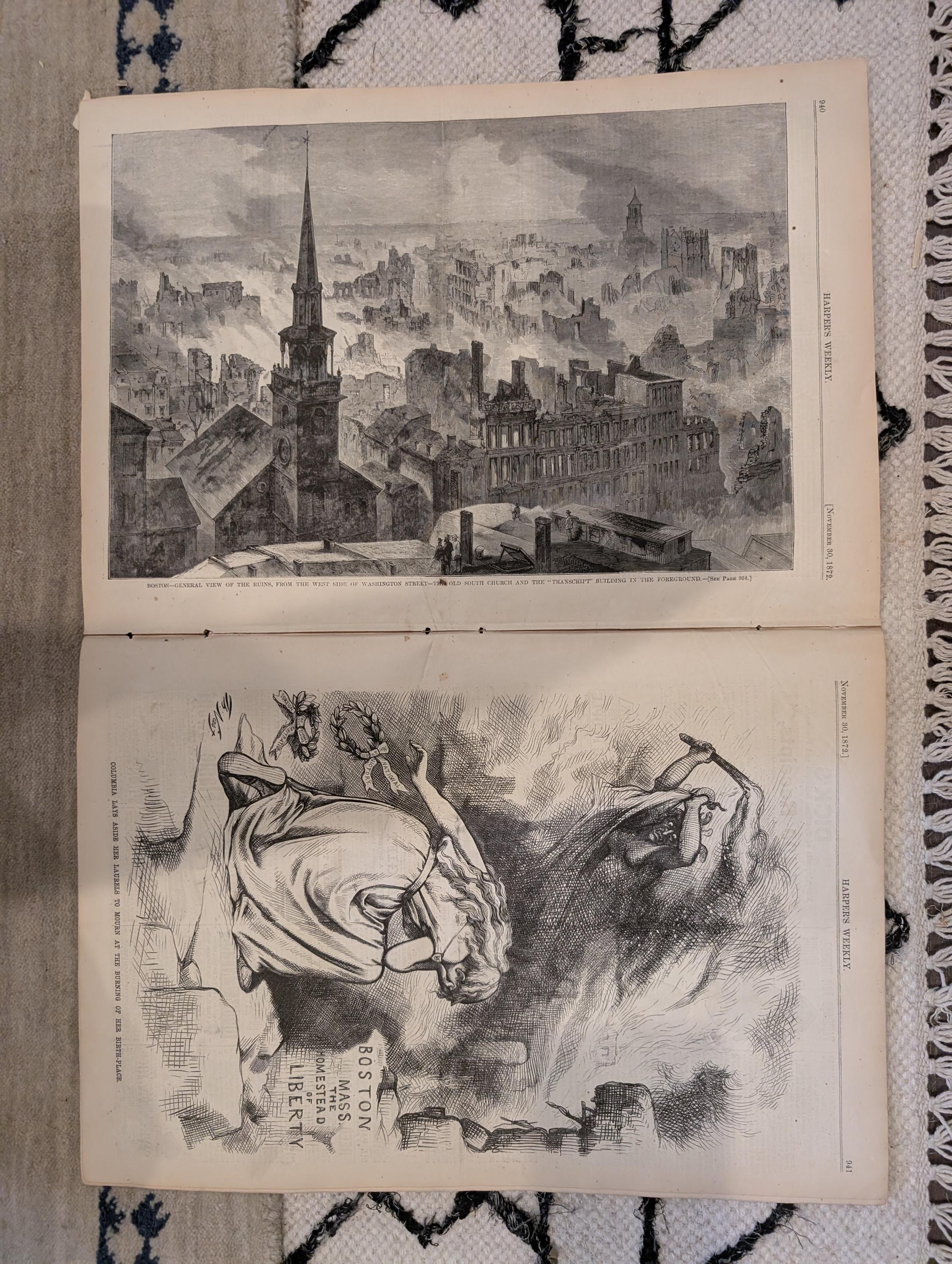 1872 Boston Fire Department Bird's Eye Harper's Weekly Nov 30 Church