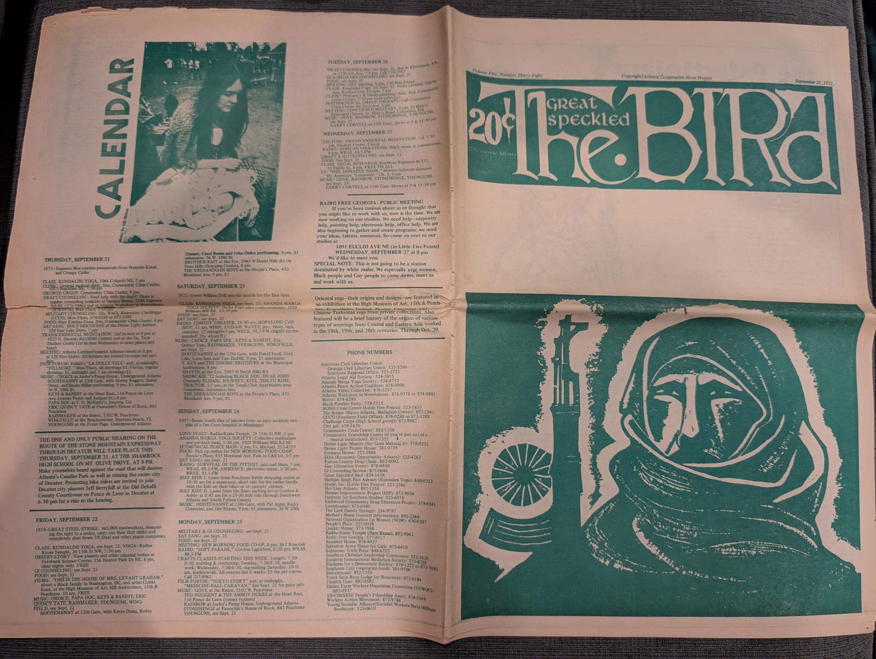 The Great Speckled Bird | September 25, 1972 | Underground Atlanta Newspaper | Labor Strikes, Palestine, Cheech & Chong, Al Green