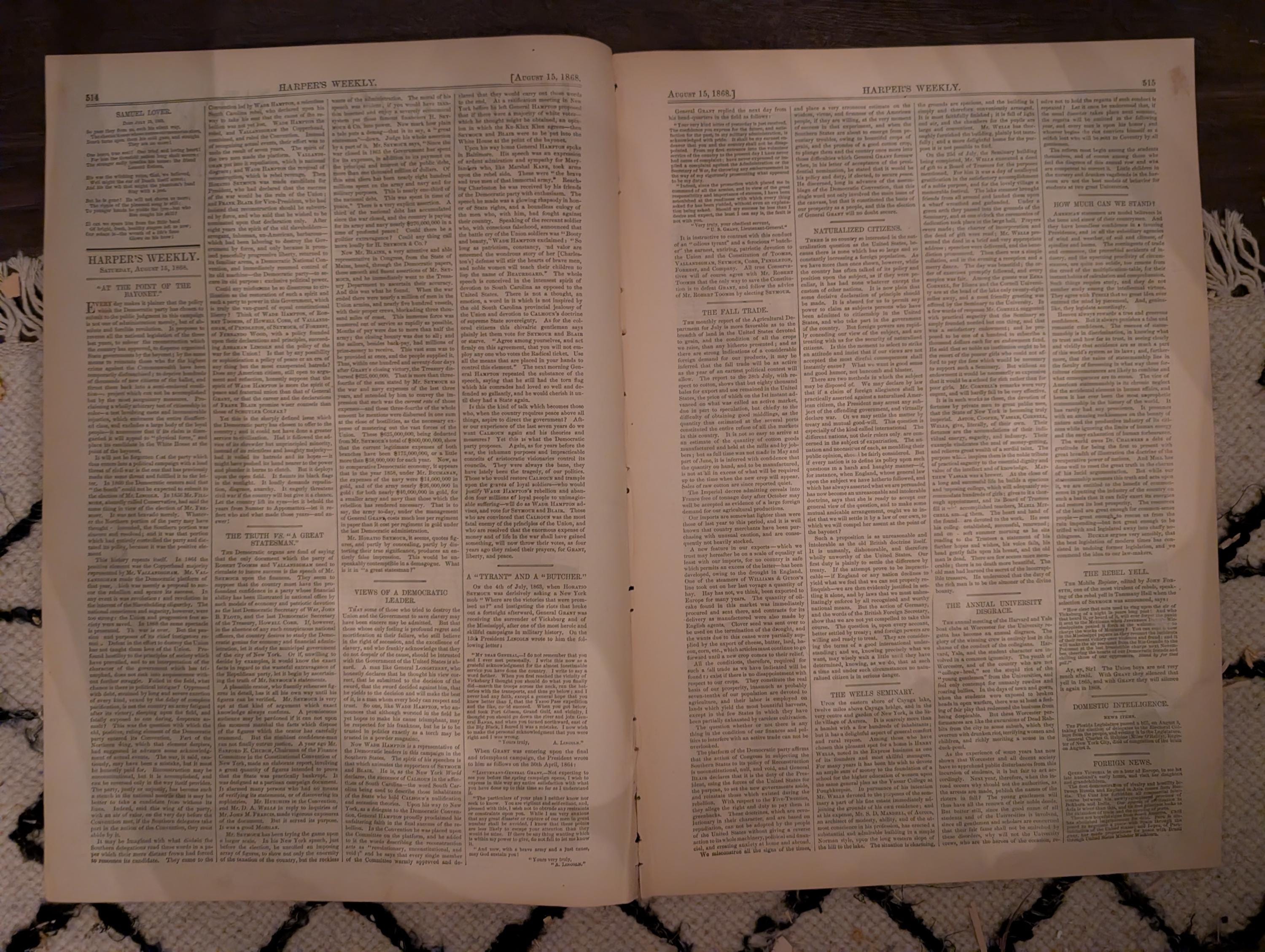 Harper’s Weekly August 15 1868 Thomas Nast Reconstruction Castle Garden Maryland Flood Zouaves Virginia Hunting