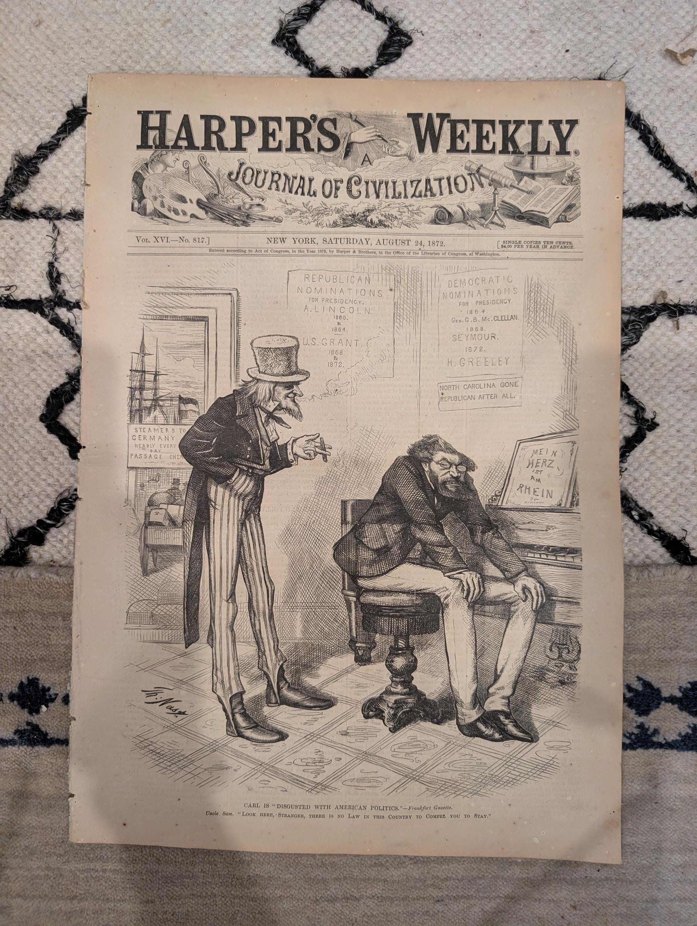 1872 Uncle Sam Nast Harper's Weekly Aug 24 Grant Exodus KKK