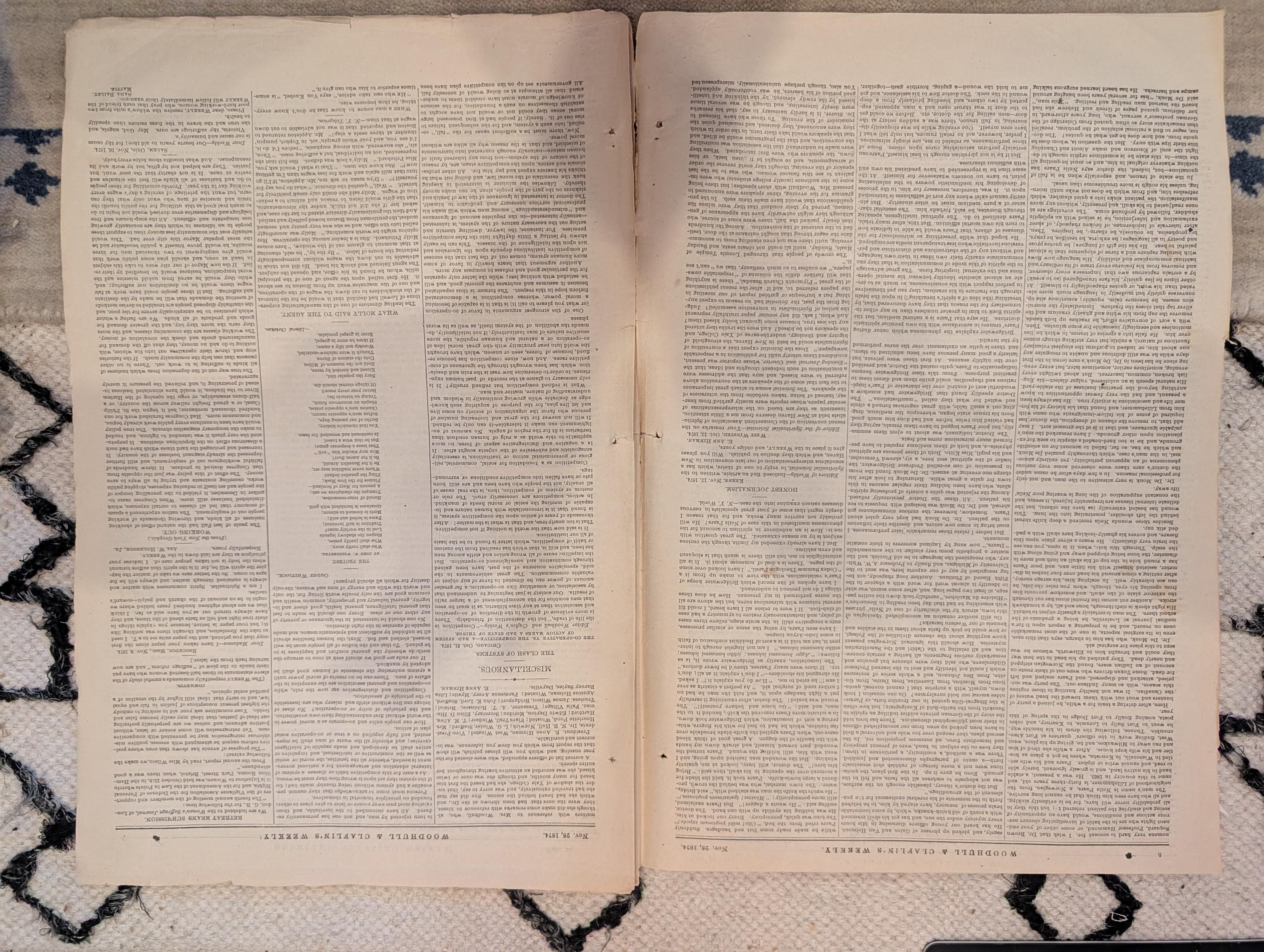 1874 Woodhull & Claflin's Weekly — Victoria Woodhull, Aerial War, Spirits — Nov 28