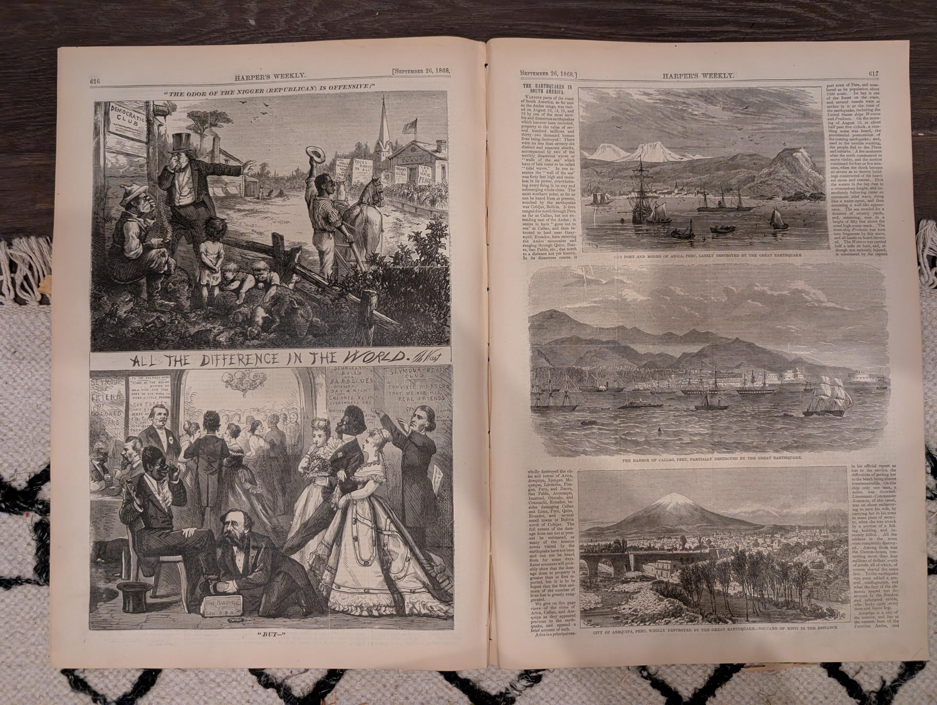Harper’s Weekly – September 26, 1868 – Bee Hunting in the Adirondacks • Nast Cartoon • South American Earthquakes • Shipwrecks • Reconstruct