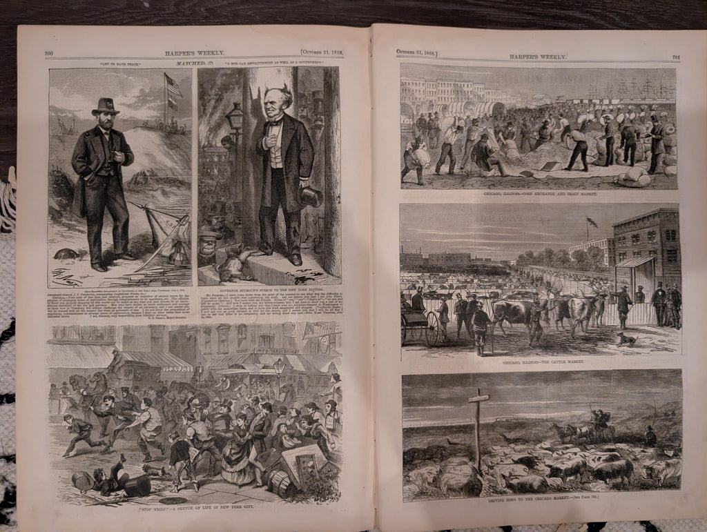 Harper’s Weekly – October 31, 1868 – Winslow Homer “Our Next President” • Chicago Cattle Market • Cadiz & Haiti Naval Scenes • Peru Earthqua