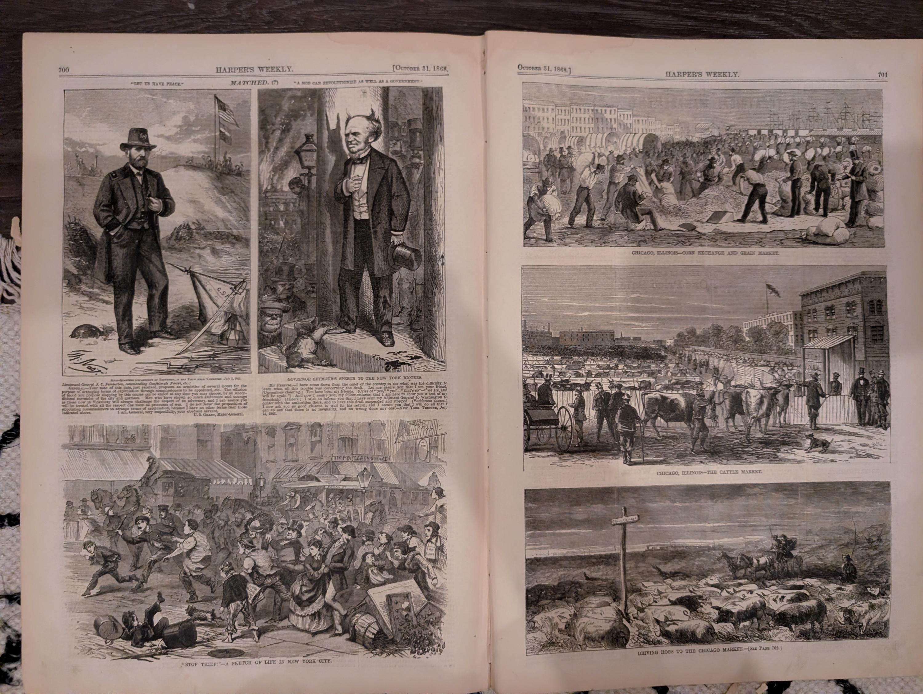 Harper’s Weekly – October 31, 1868 – Winslow Homer “Our Next President” • Chicago Cattle Market • Cadiz & Haiti Naval Scenes • Peru Earthqua