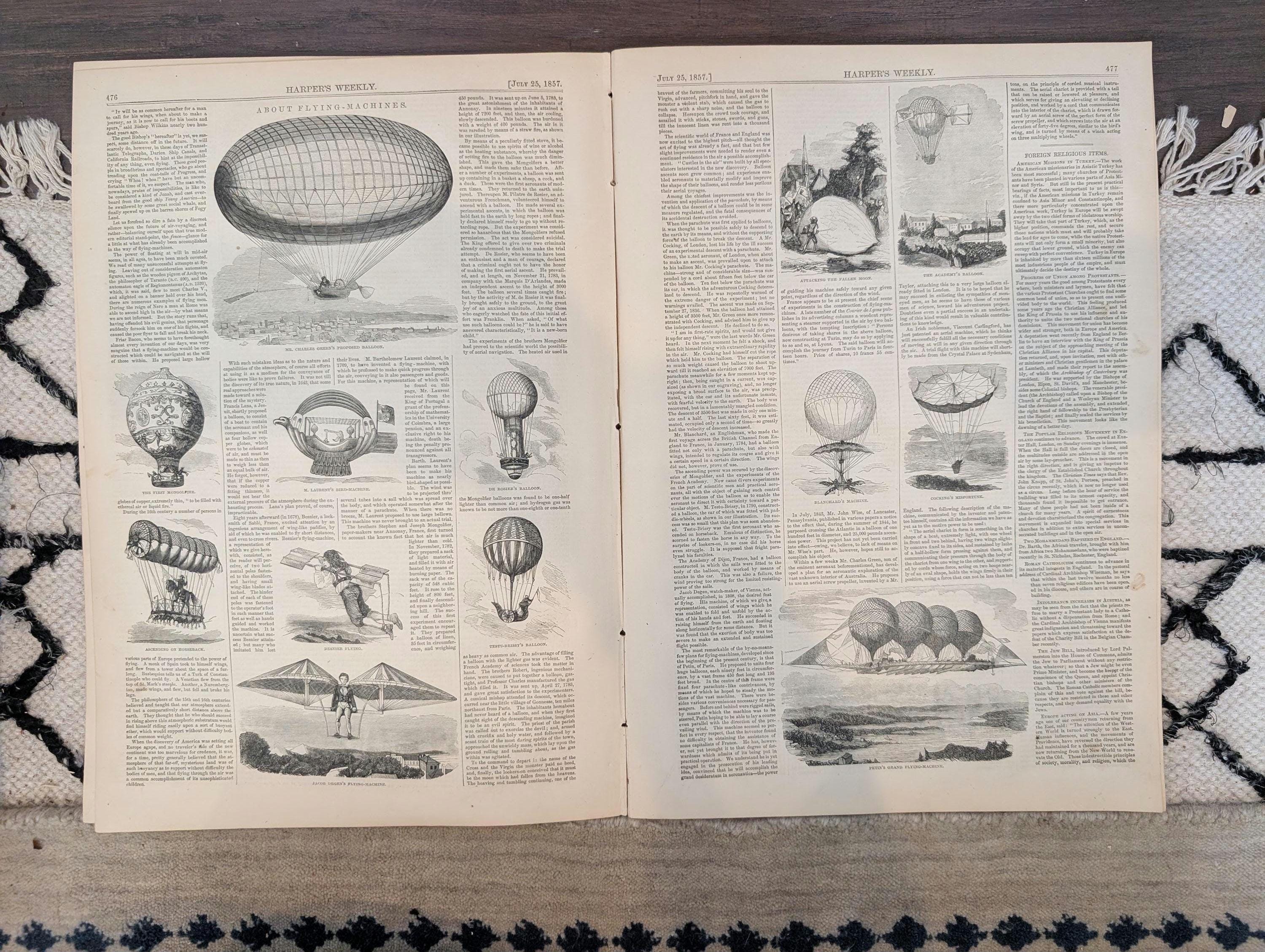 1857 Flying Machines Harper's Weekly July 25 Hot Air Balloons Sydney Australia