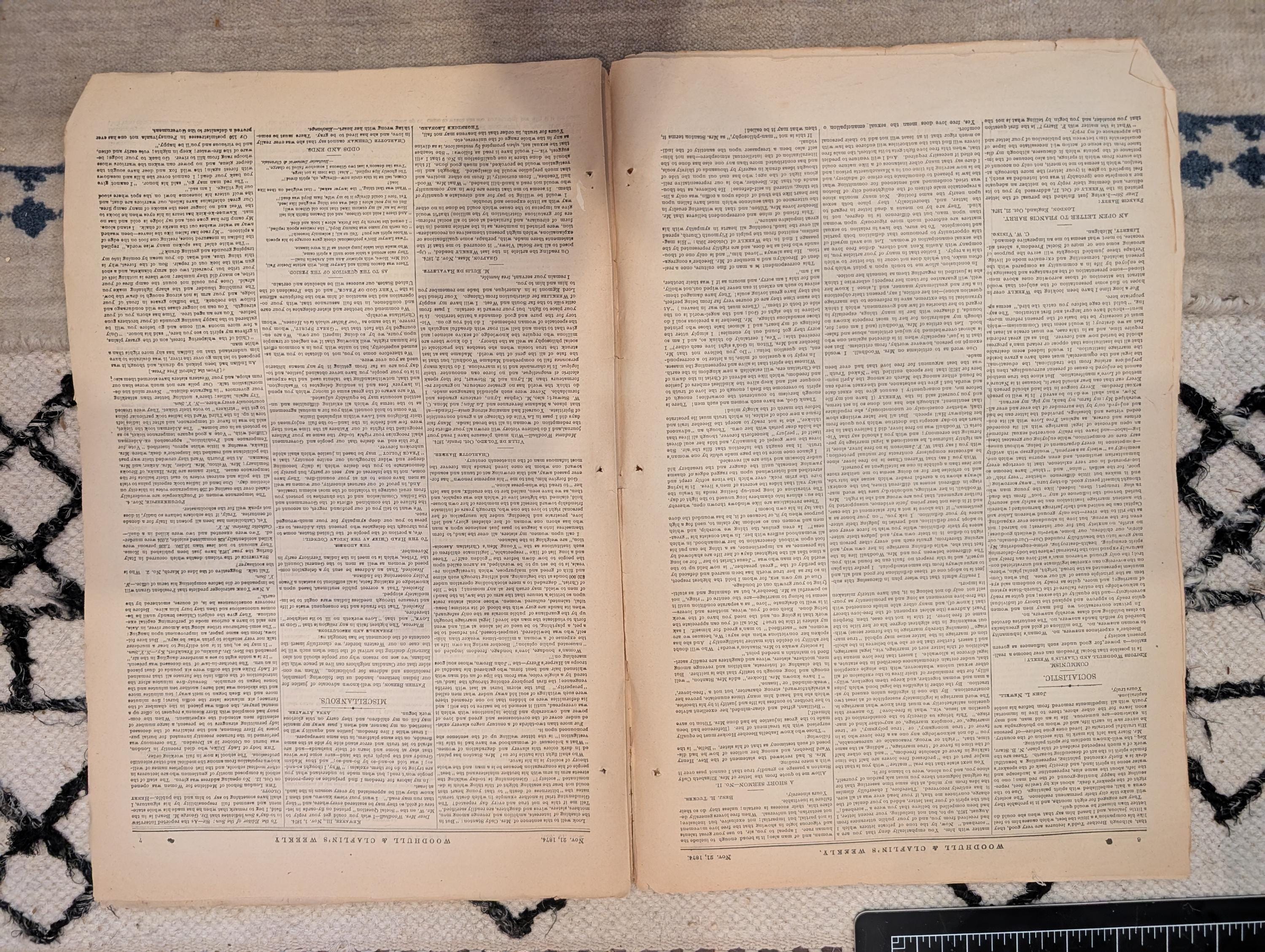 1874 Woodhull & Claflin's Weekly — Victoria Woodhull, High Altitude Flight, Socialists — Nov 21