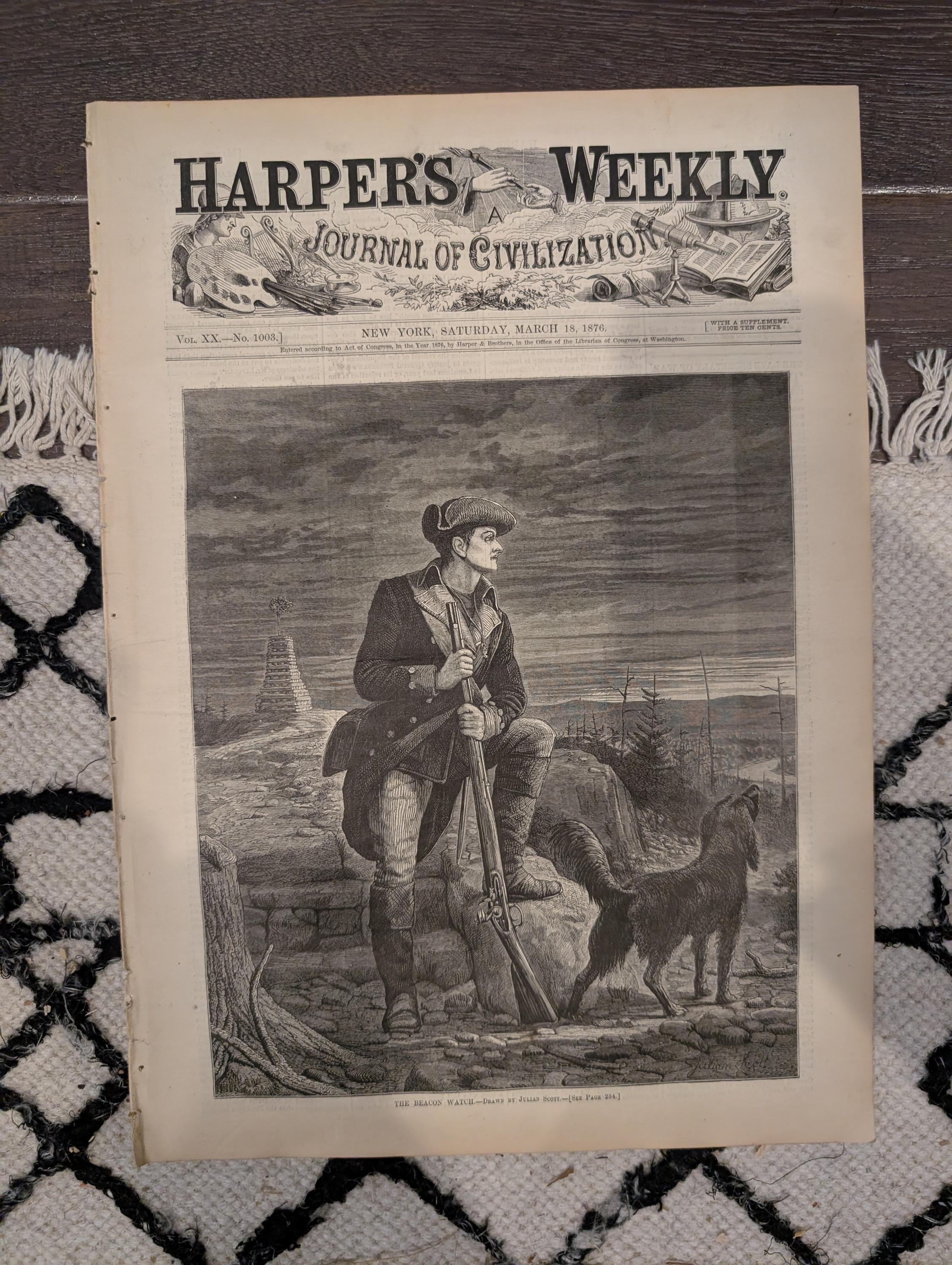 Harper’s Weekly Mar 18 1876 – Beacon Watch, Chinese Pirates, Royal Game-Tigers, Nast Cartoon, Complete with Supplement