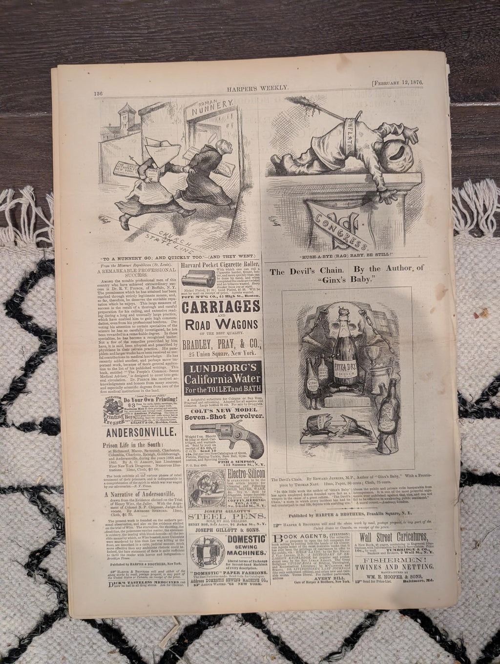Harper’s Weekly February 12, 1876 – Nast Cartoon, Japanese Warship “Tsukuba,” Arctic Vessel Scene, War in Herzegovina
