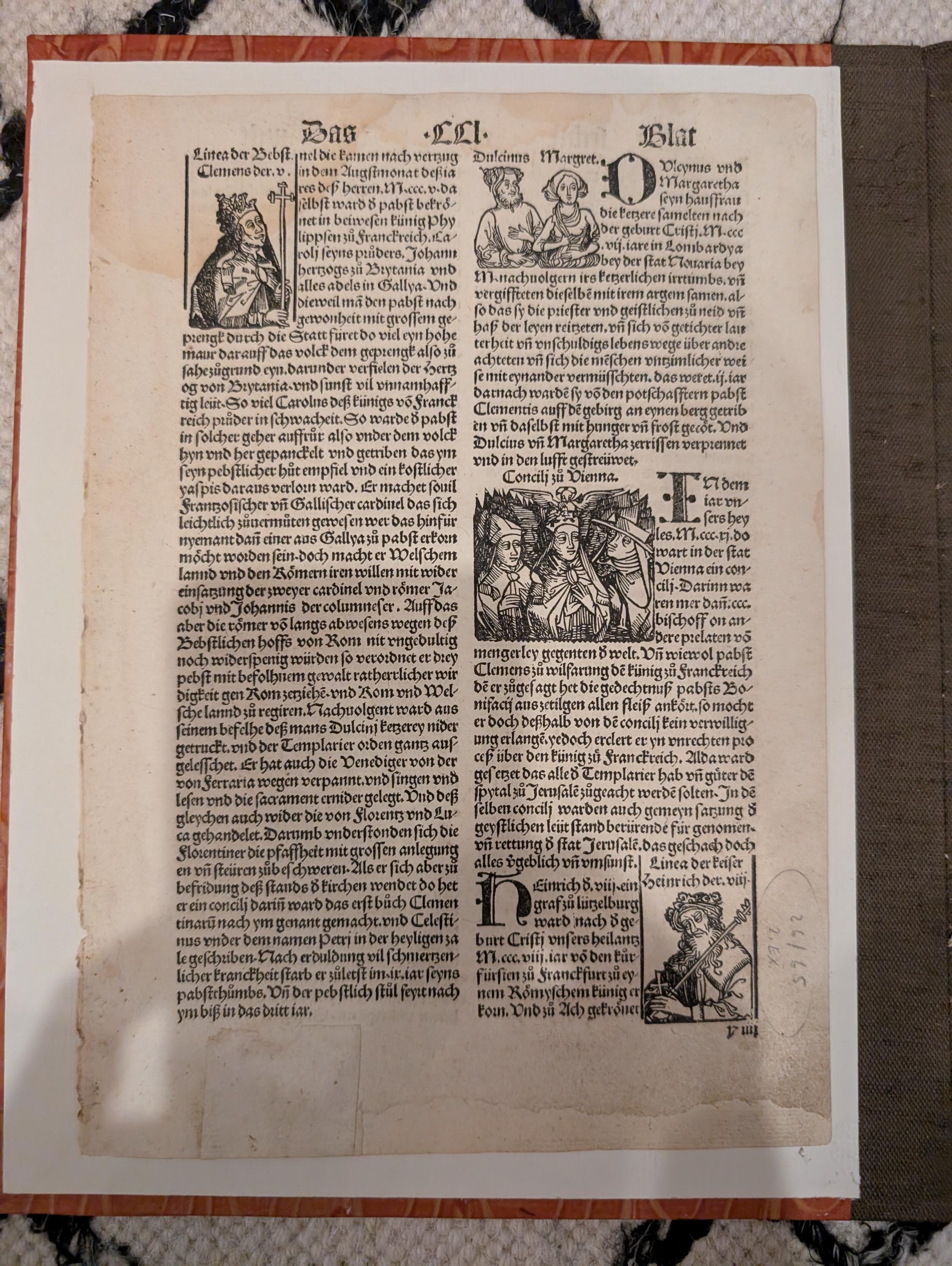 1496 Nuremberg Chronicle Leaf – Original Incunable with Woodcut Portraits of Pope, Clerics & Nobles, Gothic Script