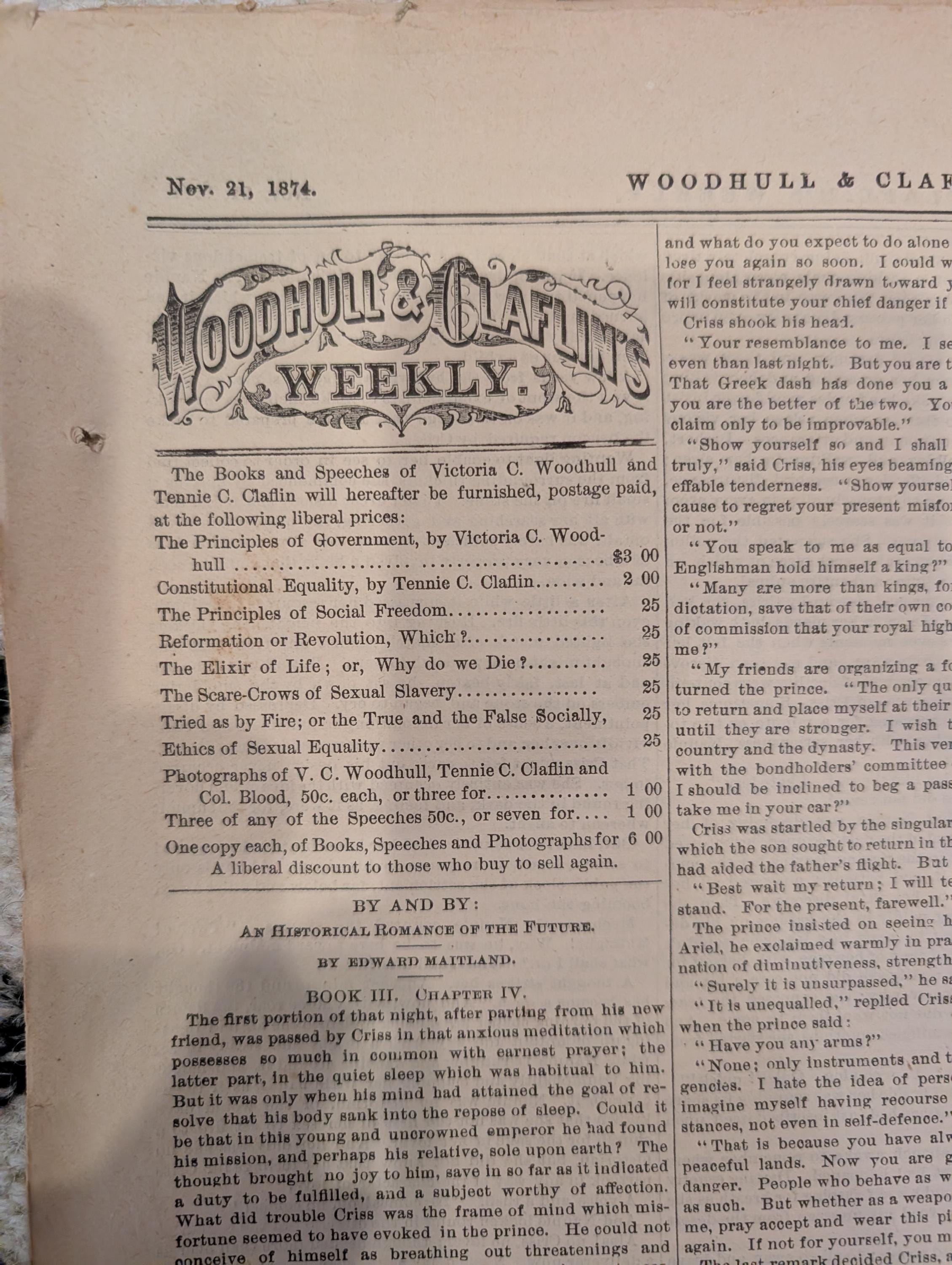 1874 Woodhull & Claflin's Weekly — Victoria Woodhull, High Altitude Flight, Socialists — Nov 21