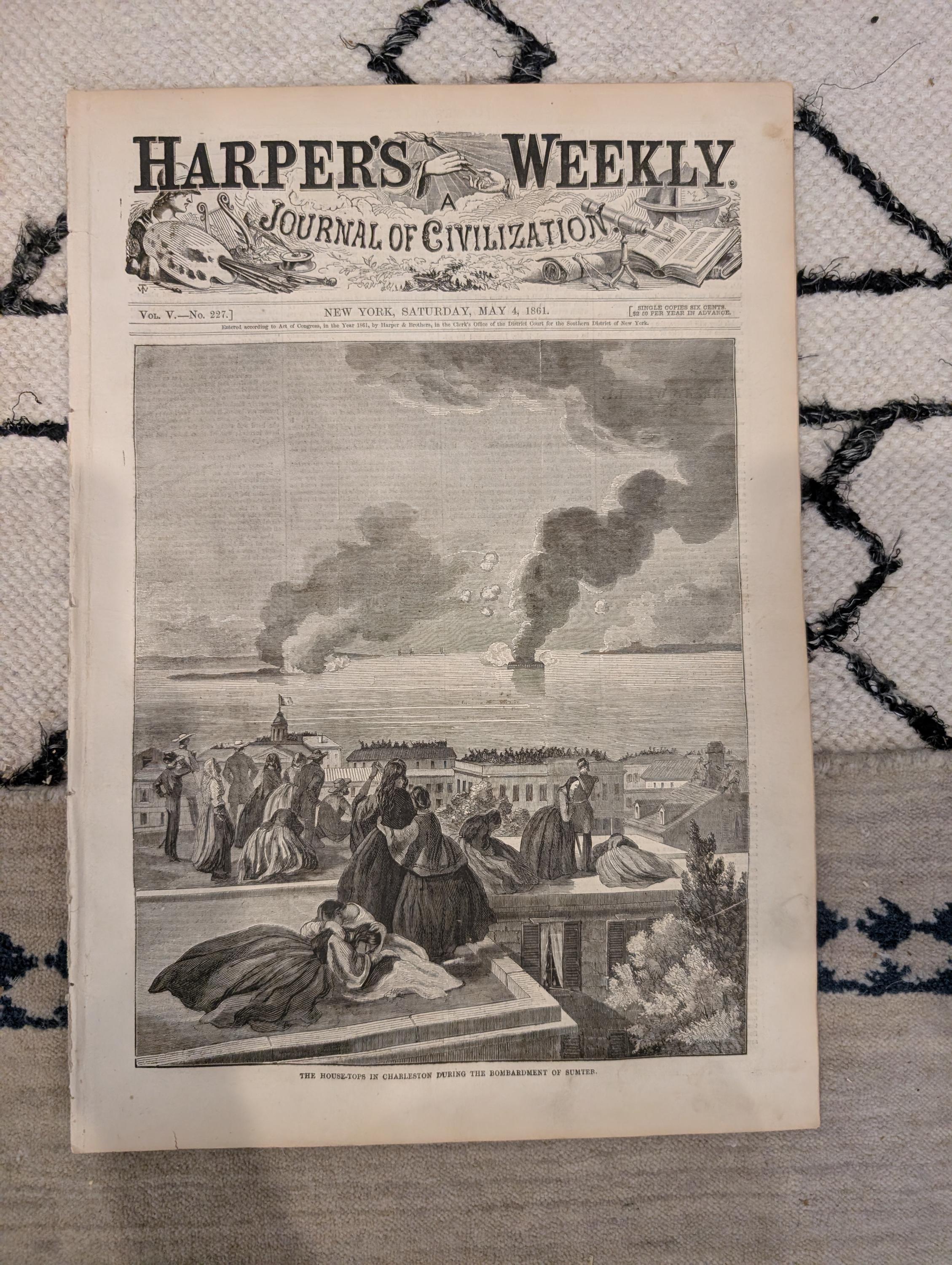 1861 Charleston House-Tops Harper's Weekly May 04 First Blood Baltimore