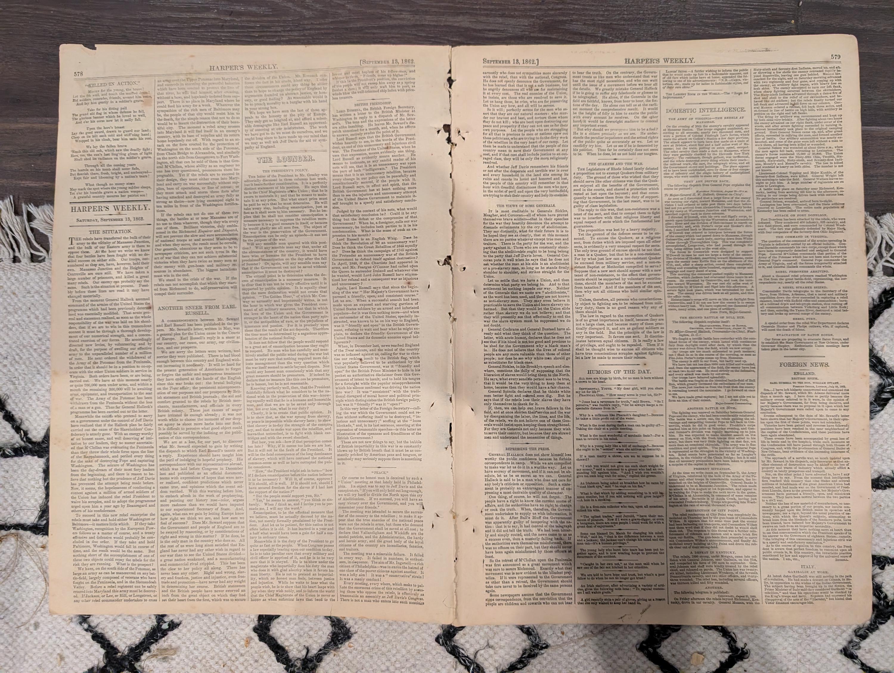 Harper’s Weekly September 13 1862 – Major-General Pope, Bull Run Content, Ironclad Navy Centerfold, Maps – Civil War Newspaper