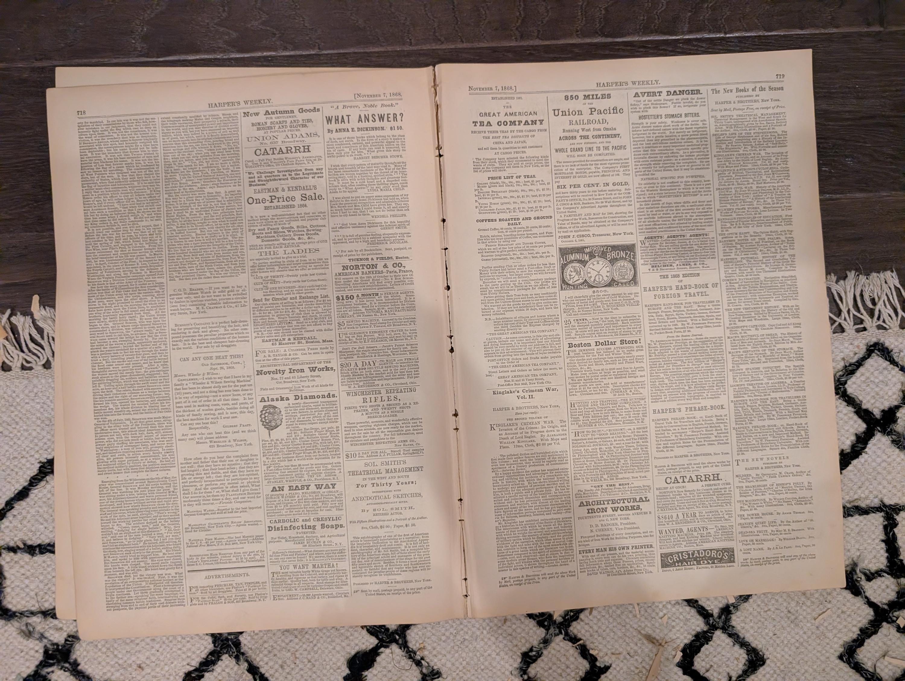Harper’s Weekly – November 7, 1868 – Thomas Nast “Wilkes Booth the Second” • Richmond Market • Seville Giralda • Peru Earthquake