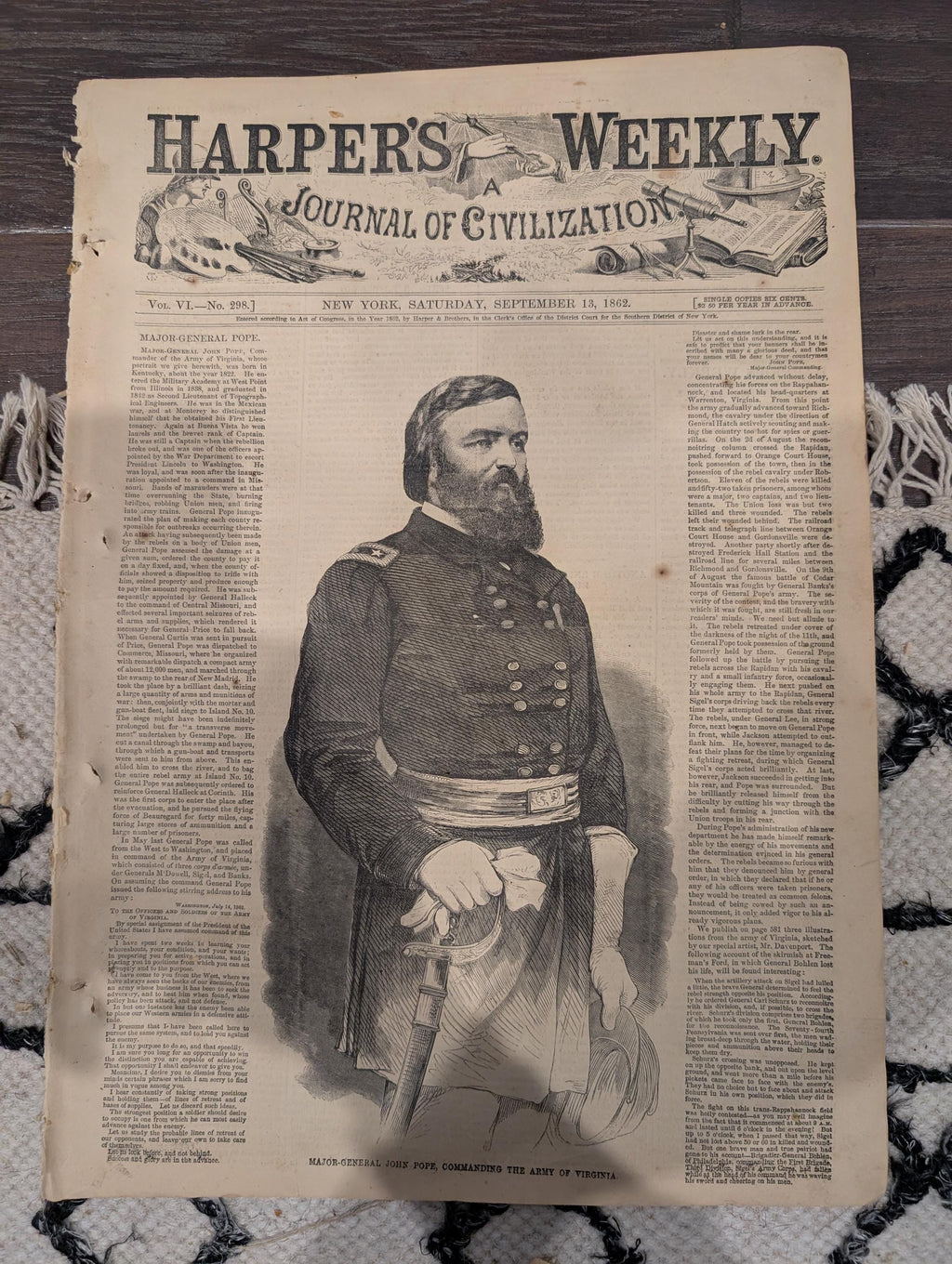 Harper’s Weekly September 13 1862 – Major-General Pope, Bull Run Content, Ironclad Navy Centerfold, Maps – Civil War Newspaper