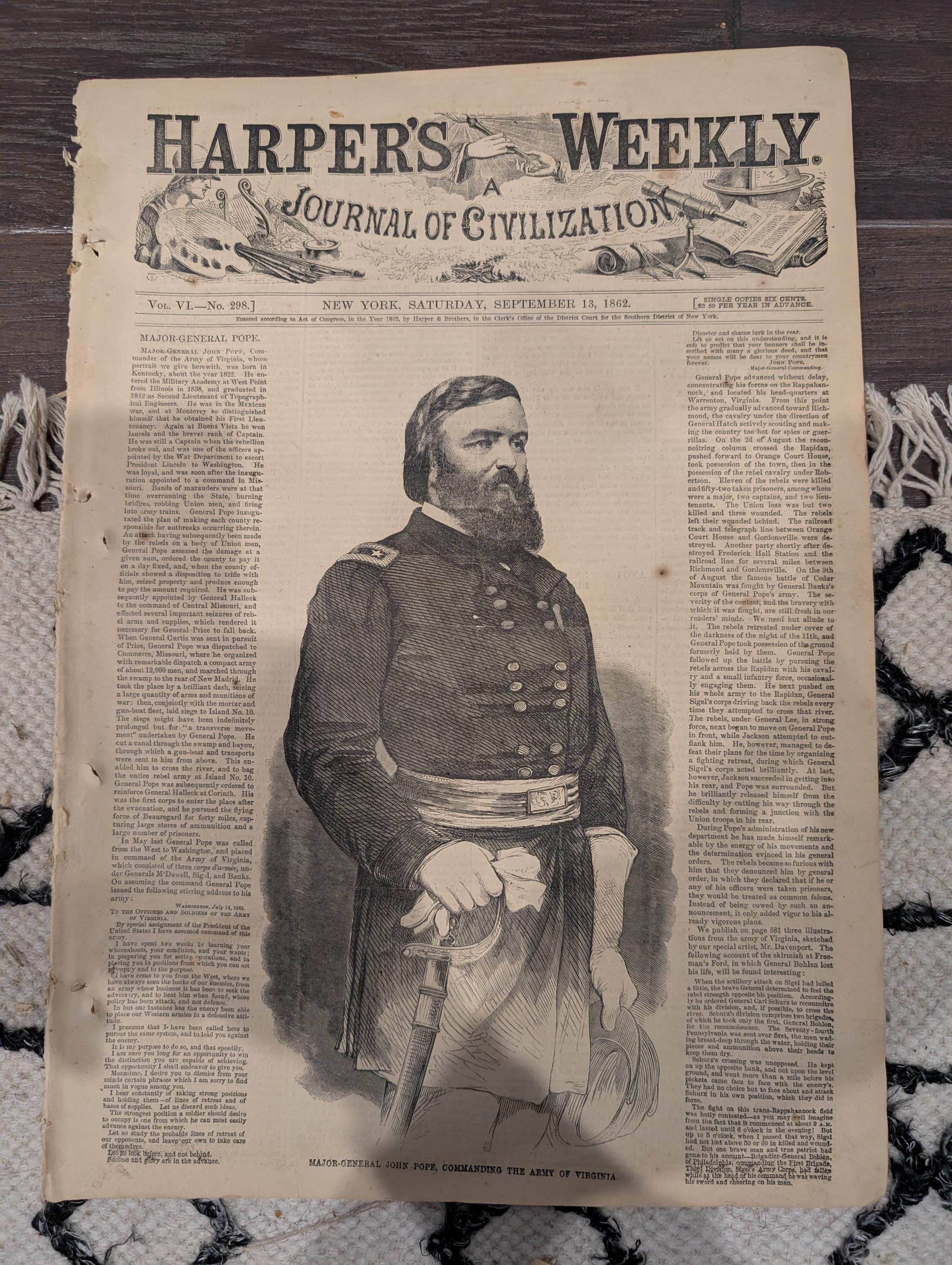 Harper’s Weekly September 13 1862 – Major-General Pope, Bull Run Content, Ironclad Navy Centerfold, Maps – Civil War Newspaper