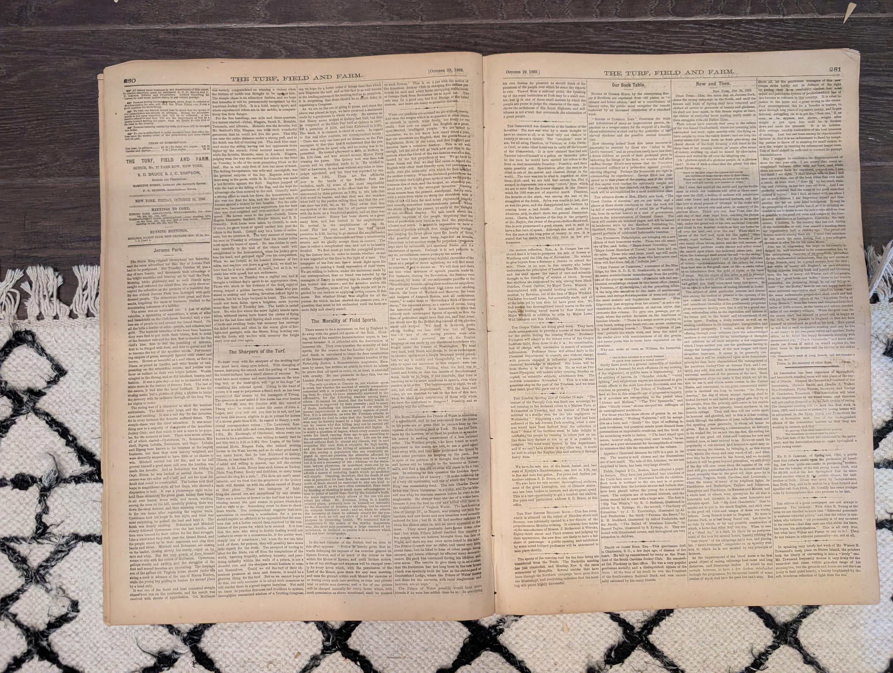 1869 Turf Field and Farm — Jerome Park Races, Guelph Canada, Chess, Baseball, Oct 29