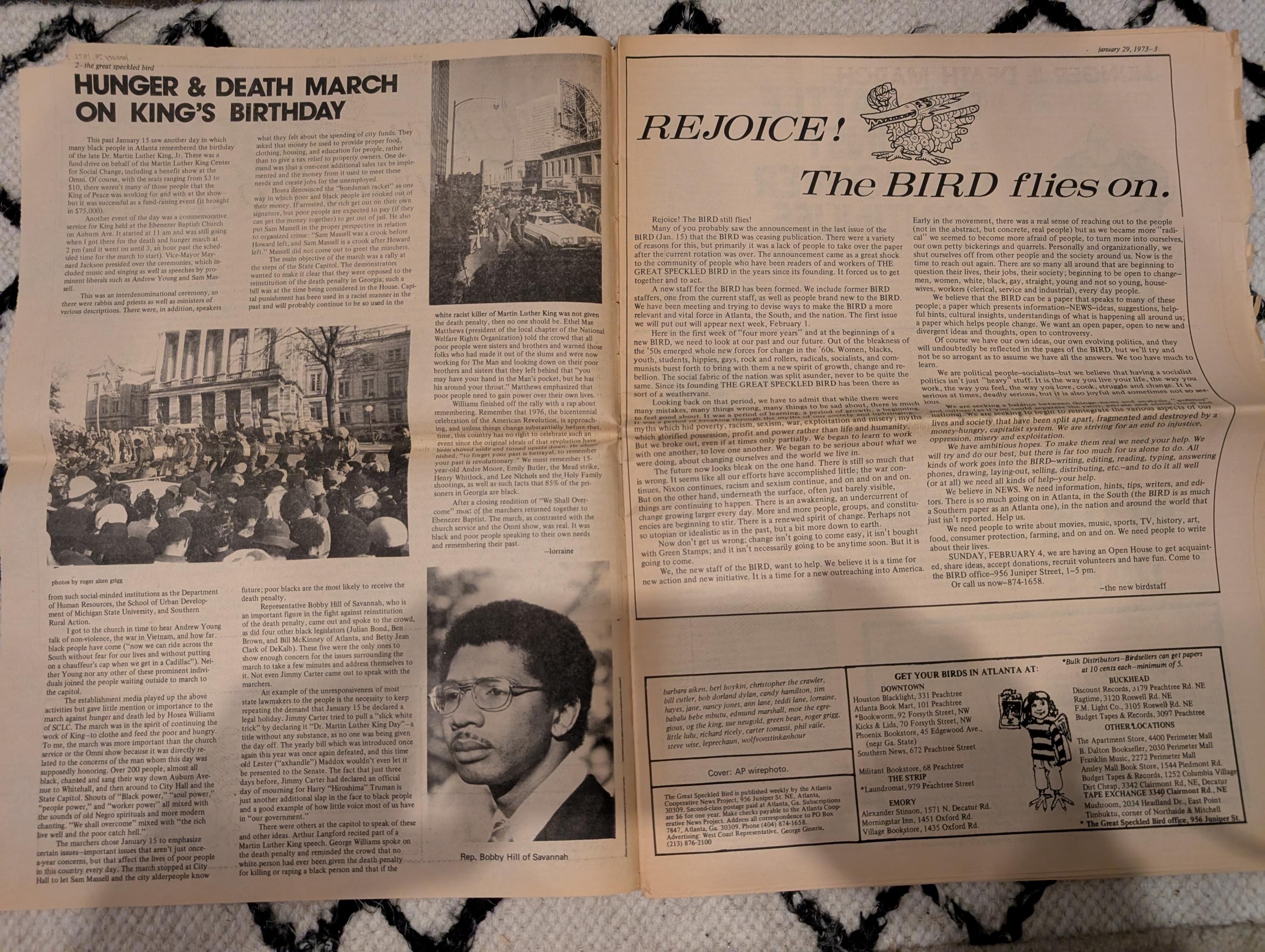 Vintage Underground Newspaper – The Great Speckled Bird – January 29, 1973 – Atlanta Counterculture, Roe v. Wade, MLK March, Richard’s Rock