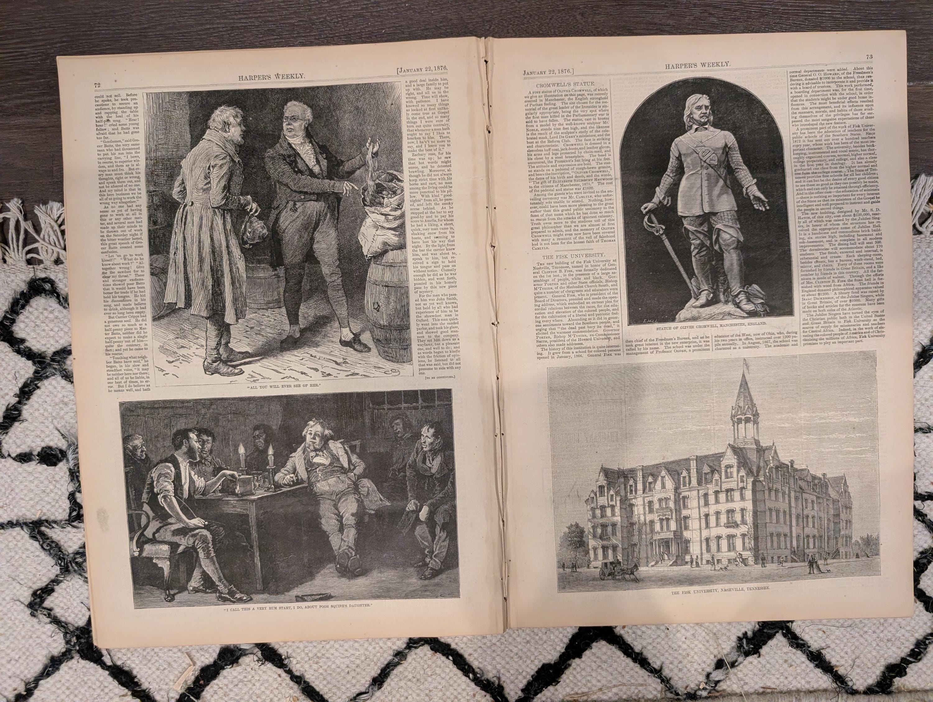 Harper’s Weekly January 22, 1876 – Victorian Engravings, Social History, Tiger Cartoon, Winter Sleigh Scene